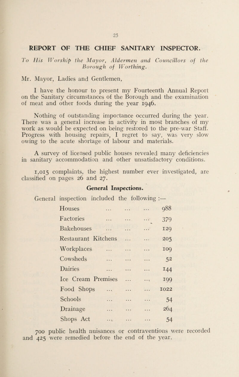 REPORT OF THE CHIEF SANITARY INSPECTOR. To His Worship the Mayor, Aldermen and Councillors of the Borough of Worthing. Mr. Mayor, Ladies and Gentlemen, I have the honour to present my Fourteenth Annual Report on the Sanitary circumstances of the Borough and the examination of meat and other foods during the year 1946. Nothing of outstanding importance occurred during the year. There was a general increase in activity in most branches of my work as would be expected on being restored to the pre-war Staff. Progress with housing repairs, I regret to say, was very slow owing to the acute shortage of labour and materials. A survey of licensed public houses revealed many deficiencies in sanitary accommodation and other unsatisfactory conditions. 1,015 complaints, the highest number ever investigated, are classified on pages 26 and 27. General Inspections. General inspection included the following :— Houses 988 Factories 379 Bakehouses O' CM H Restaurant Kitchens 205 Workplaces 109 Cowsheds 52 Dairies 144 Ice Cream Premises 199 Food Shops 1022 Schools 54 Drainage 264 Shops Act 54 700 public health nuisances or contraventions were recorded and 425 were remedied before the end of the year.