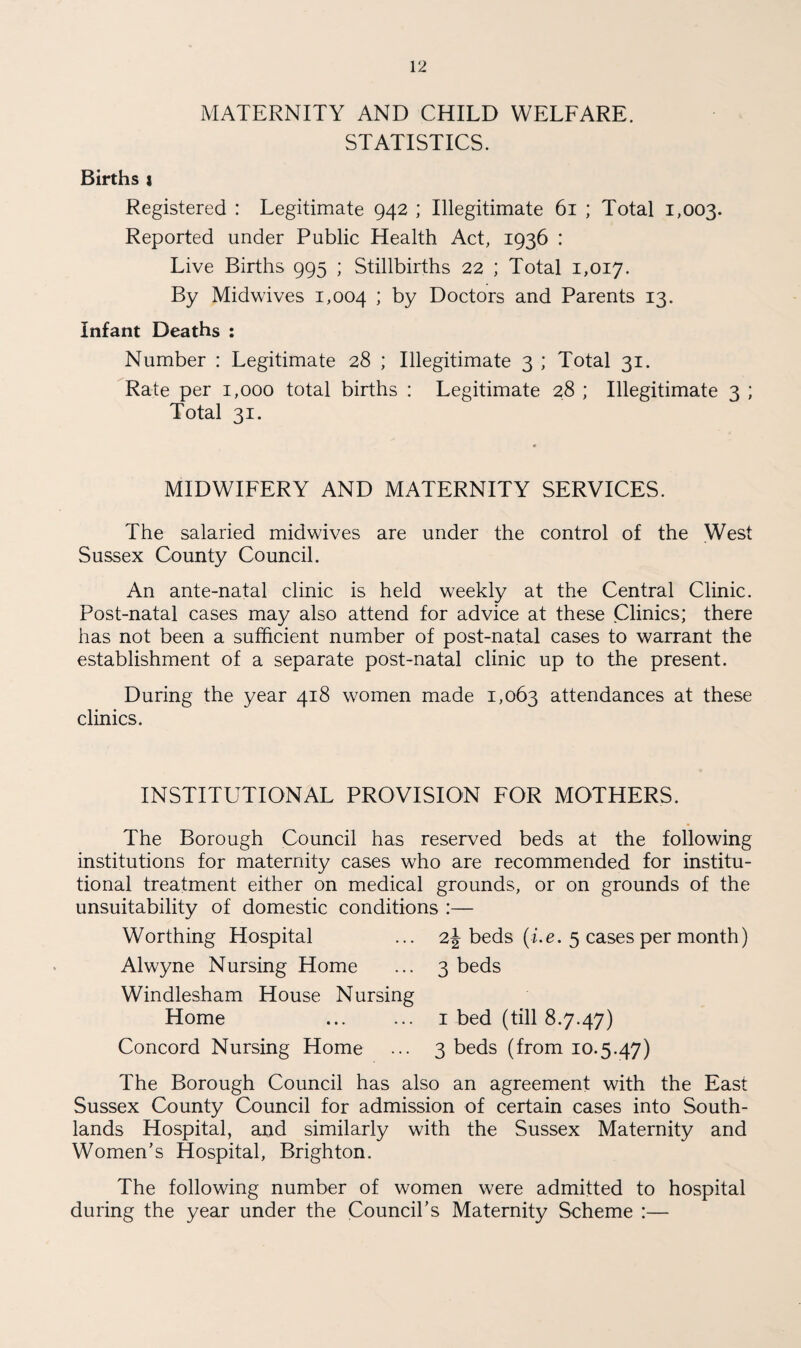 MATERNITY AND CHILD WELFARE. STATISTICS. Births } Registered : Legitimate 942 ; Illegitimate 61 ; Total 1,003. Reported under Public Health Act, 1936 : Live Births 995 ; Stillbirths 22 ; Total 1,017. By Midwives 1,004 ; by Doctors and Parents 13. Infant Deaths : Number : Legitimate 28 ; Illegitimate 3 ; Total 31. Rate per 1,000 total births : Legitimate 28 ; Illegitimate 3 ; Total 31. MIDWIFERY AND MATERNITY SERVICES. The salaried midwives are under the control of the West Sussex County Council. An ante-natal clinic is held weekly at the Central Clinic. Post-natal cases may also attend for advice at these Clinics; there has not been a sufficient number of post-natal cases to warrant the establishment of a separate post-natal clinic up to the present. During the year 418 women made 1,063 attendances at these clinics. INSTITUTIONAL PROVISION FOR MOTHERS. The Borough Council has reserved beds at the following institutions for maternity cases who are recommended for institu¬ tional treatment either on medical grounds, or on grounds of the unsuitability of domestic conditions :— Worthing Hospital ... 2\ beds (i.e. 5 cases per month) Alwyne Nursing Home ... 3 beds Windlesham House Nursing Home . 1 bed (till 8.7.47) Concord Nursing Home ... 3 beds (from 10.5.47) The Borough Council has also an agreement with the East Sussex County Council for admission of certain cases into South¬ lands Hospital, and similarly with the Sussex Maternity and Women’s Hospital, Brighton. The following number of women were admitted to hospital during the year under the Council’s Maternity Scheme :—
