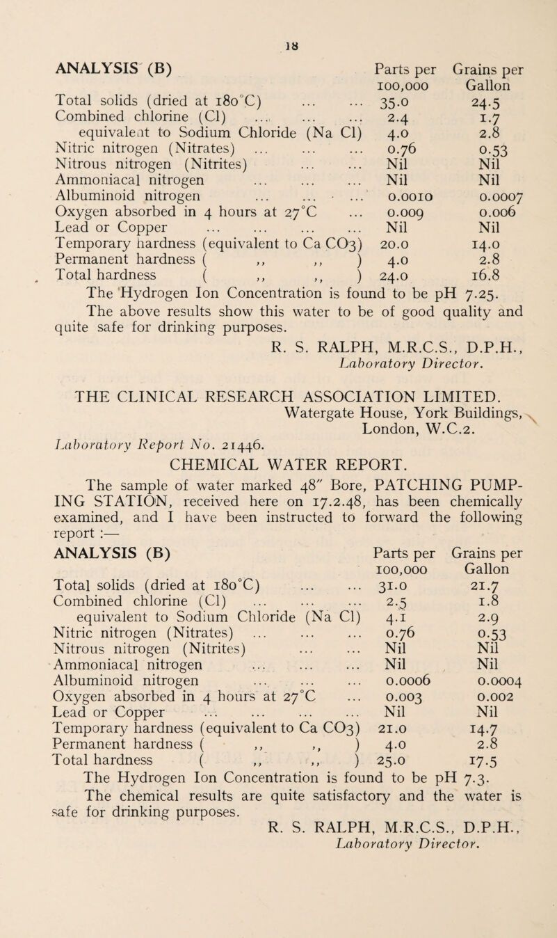ANALYSIS (B) Parts per 100,000 Grains per Gallon Total solids (dried at 180°C) 35-0 24-5 Combined chlorine (Cl) 2.4 i-7 equivalent to Sodium Chloride (Na Cl) 4.0 2.8 Nitric nitrogen (Nitrates) 0.76 o-53 Nitrous nitrogen (Nitrites) Nil Nil Ammoniacal nitrogen Nil Nil Albuminoid nitrogen ... ... • ... 0.0010 0.0007 Oxygen absorbed in 4 hours at 27°C 0.009 0.006 Lead or Copper Nil Nil Temporary hardness (equivalent to Ca CO3) 20.0 14.0 Permanent hardness ( ,, ,, ) 4.0 2.8 Total hardness ( ,, ,, ) 24.0 16.8 The Hydrogen Ion Concentration is found to be pH 7.25. The above results show this water to be of good quality and quite safe for drinking purposes. R. S. RALPH, M.R.C.S., D.P.H., Laboratory Director. THE CLINICAL RESEARCH ASSOCIATION LIMITED. Watergate House, York Buildings, London, W.C.2. Laboratory Report No. 21446. CHEMICAL WATER REPORT. The sample of water marked 48 Bore, PATCHING PUMP¬ ING STATION, received here on 17.2.48, has been chemically examined, and I have been instructed to forward the following report :— ANALYSIS (B) Parts per Grains per 100,000 Gallon Total solids (dried at i8o°C) ... ... 31.0 21.7 Combined chlorine (Cl) ... ... ... 2.5 1.8 equivalent to Sodium Chloride (Na Cl) 4.1 2.9 Nitric nitrogen (Nitrates) ... ... ... 0.76 0.53 Nitrous nitrogen (Nitrites) ... ... Nil Nil Ammoniacal nitrogen ... ... ... Nil Nil Albuminoid nitrogen .... ... ... 0.0006 0.0004 Oxygen absorbed in 4 hours at 27°C ... 0.003 0.002 Lead or Copper ... ... ... ... Nil Nil Temporary hardness (equivalent to Ca CO3) 21.0 14.7 Permanent hardness ( ,, ,, ) 4.0 2.8 Total hardness ( ,, ,, ) 25.0 17.5 The Hydrogen Ion Concentration is found to be pH 7.3. The chemical results are quite satisfactory and the water is safe for drinking purposes. R. S. RALPH, M.R.C.S., D.P.H., Laboratory Director.