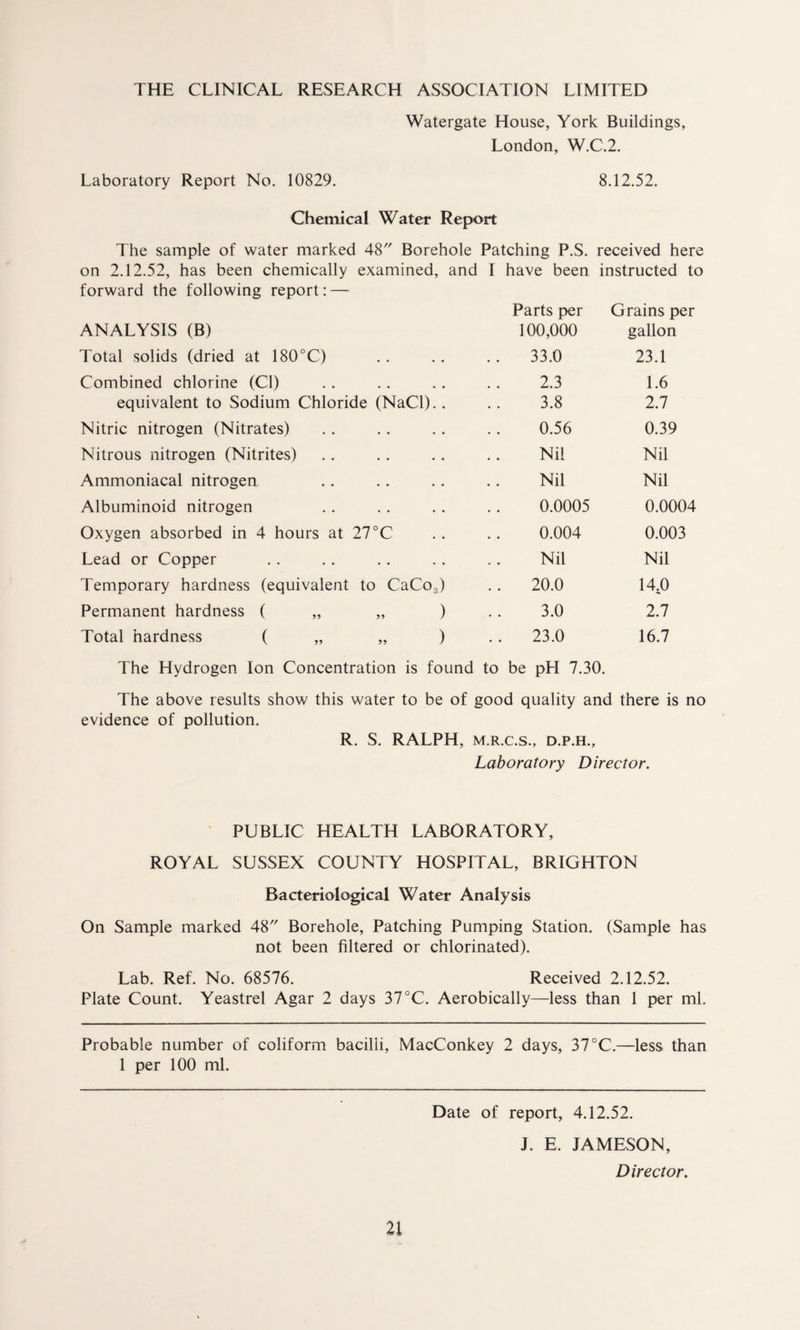 THE CLINICAL RESEARCH ASSOCIATION LIMITED Watergate House, York Buildings, London, W.C.2. Laboratory Report No. 10829. 8.12.52. Chemical Water Report The sample of water marked 48 Borehole Patching P.S. received here on 2.12.52, has been chemically examined, and I have been instructed to forward the following report: — ANALYSIS (B) Parts per 100,000 Grains per gallon Total solids (dried at 180°C) 33.0 23.1 Combined chlorine (Cl) 2.3 1.6 equivalent to Sodium Chloride (NaCl). . 3.8 2.7 Nitric nitrogen (Nitrates) 0.56 0.39 Nitrous nitrogen (Nitrites) Nil Nil Ammoniacal nitrogen Nil Nil Albuminoid nitrogen 0.0005 0.0004 Oxygen absorbed in 4 hours at 27°C 0.004 0.003 Lead or Copper Nil Nil Temporary hardness (equivalent to CaCo3) .. 20.0 14,0 Permanent hardness ( „ „ ) 3.0 2.7 Total hardness ( „ „ ) 23.0 16.7 The Hydrogen Ion Concentration is found to be pH 7.30. The above results show this water to be of good quality and there is no evidence of pollution. R. S. RALPH, m.r.c.s., d.p.h.. Laboratory Director. PUBLIC HEALTH LABORATORY, ROYAL SUSSEX COUNTY HOSPITAL, BRIGHTON Bacteriological Water Analysis On Sample marked 48 Borehole, Patching Pumping Station. (Sample has not been filtered or chlorinated). Lab. Ref. No. 68576. Received 2.12.52. Plate Count. Yeastrel Agar 2 days 37°C. Aerobically—less than 1 per ml. Probable number of coliform bacilli, MacConkey 2 days, 37°C.—less than 1 per 100 ml. Date of report, 4.12.52. J. E. JAMESON, Director.