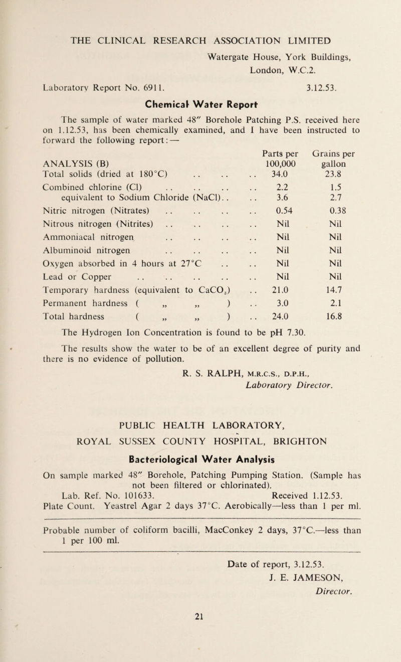 THE CLINICAL RESEARCH ASSOCIATION LIMITED Watergate House, York Buildings, London, W.C.2. Laboratory Report No. 6911. 3.12.53. Chemical Water Report The sample of water marked 48 Borehole Patching P.S. received here on 1.12.53, has been chemically examined, and I have been instructed to forward the following report: — Parts per Grains per ANALYSIS (B) 100,000 gallon Total solids (dried at 180°C) • • • • 34.0 23.8 Combined chlorine (Cl) 2.2 1.5 equivalent to Sodium Chloride (NaCl). . 3.6 2.7 Nitric nitrogen (Nitrates) • • 0.54 0.38 Nitrous nitrogen (Nitrites) Nil Nil Ammoniacal nitrogen . . Nil Nil Albuminoid nitrogen • « Nil Nil Oxygen absorbed in 4 hours at 27 C Nil Nil Lead or Copper Nil Nil Temporary hardness (equivalent to CaC03) 21.0 14.7 Permanent hardness ( „ ) 3.0 2.1 Total hardness ( „ ) . . 24.0 16.8 The Hydrogen Ion Concentration is found to be pH 7.30. The results show the water to be of an excellent degree of purity and there is no evidence of pollution. R. S. RALPH, m.r.c.s., d.p.h., Laboratory Director. PUBLIC HEALTH LABORATORY, ROYAL SUSSEX COUNTY HOSPITAL, BRIGHTON Bacteriological Water Analysis On sample marked 48 Borehole, Patching Pumping Station. (Sample has not been filtered or chlorinated). Lab. Ref. No. 101633. Received 1.12.53. Plate Count. Yeastrel Agar 2 days 37°C. Aerobically—less than 1 per ml. Probable number of coliform bacilli, MacConkey 2 days, 37 °C.—less than 1 per 100 ml. Date of report, 3.12.53. J. E. JAMESON, Director.