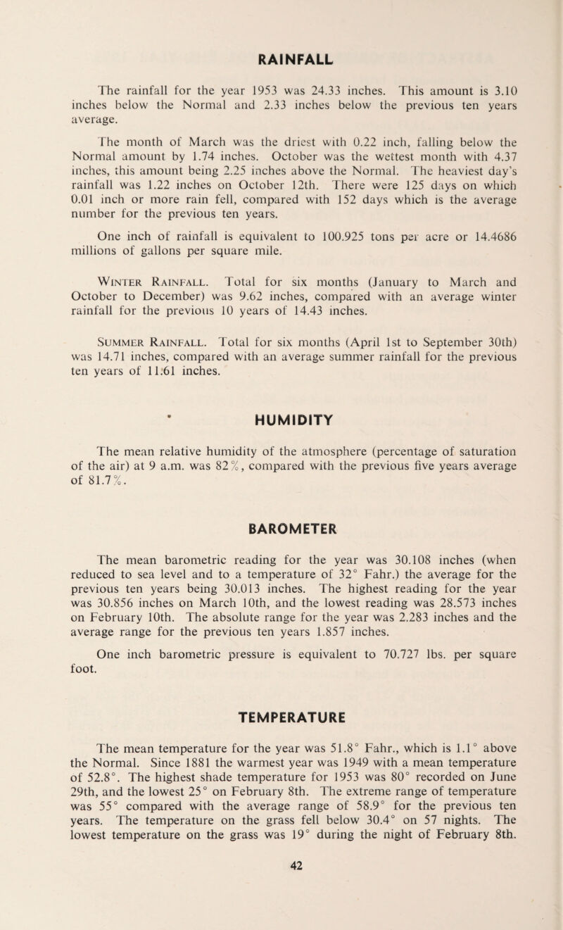 RAINFALL The rainfall for the year 1953 was 24.33 inches. This amount is 3.10 inches below the Normal and 2.33 inches below the previous ten years average. The month of March was the driest with 0.22 inch, falling below the Normal amount by 1.74 inches. October was the wettest month with 4.37 inches, this amount being 2.25 inches above the Normal. The heaviest day’s rainfall was 1.22 inches on October 12th. There were 125 days on which 0.01 inch or more rain fell, compared with 152 days which is the average number for the previous ten years. One inch of rainfall is equivalent to 100.925 tons per acre or 14.4686 millions of gallons per square mile. Winter Rainfall. Total for six months (January to March and October to December) was 9.62 inches, compared with an average winter rainfall for the previous 10 years of 14.43 inches. Summer Rainfall. Total for six months (April 1st to September 30th) was 14.71 inches, compared with an average summer rainfall for the previous ten years of 11.61 inches. HUMIDITY The mean relative humidity of the atmosphere (percentage of saturation of the air) at 9 a.m. was 82%, compared with the previous five years average of 81.7%. BAROMETER The mean barometric reading for the year was 30.108 inches (when reduced to sea level and to a temperature of 32° Fahr.) the average for the previous ten years being 30.013 inches. The highest reading for the year was 30.856 inches on March 10th, and the lowest reading was 28.573 inches on February 10th. The absolute range for the year was 2.283 inches and the average range for the previous ten years 1.857 inches. One inch barometric pressure is equivalent to 70.727 lbs. per square foot. TEMPERATURE The mean temperature for the year was 51.8° Fahr., which is 1.1° above the Normal. Since 1881 the warmest year was 1949 with a mean temperature of 52.8°. The highest shade temperature for 1953 was 80° recorded on June 29th, and the lowest 25° on February 8th. The extreme range of temperature was 55° compared with the average range of 58.9° for the previous ten years. The temperature on the grass fell below 30.4° on 57 nights. The lowest temperature on the grass was 19° during the night of February 8th.