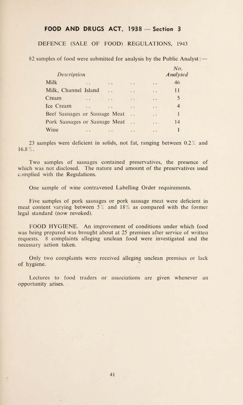 FOOD AND DRUGS ACT, 1938 —Section 3 DEFENCE (SALE OF FOOD) REGULATIONS, 1943 82 samples of food were submitted for analysis by the Public Analyst: — Description No. Analysed Milk 46 Milk, Channel Island 11 Cream 5 Ice Cream 4 Beef Sausages or Sausage Meat . . 1 Pork Sausages or Sausage Meat . . 14 Wine 1 23 samples were deficient in solids, not fat, ranging between 0.2% and 16.8%. Two samples of sausages contained preservatives, the presence of which was not disclosed. The nature and amount of the preservatives used complied with the Regulations. One sample of wine contravened Labelling Order requirements. Five samples of pork sausages or pork sausage meat were deficient in meat content varying between 5% and 18% as compared with the former legal standard (now revoked). FOOD HYGIENE. An improvement of conditions under which food was being prepared was brought about at 25 premises after service of written requests. 8 complaints alleging unclean food were investigated and the necessary action taken. Only two complaints were received alleging unclean premises or lack of hygiene. Lectures to food traders or associations are given whenever an opportunity arises.