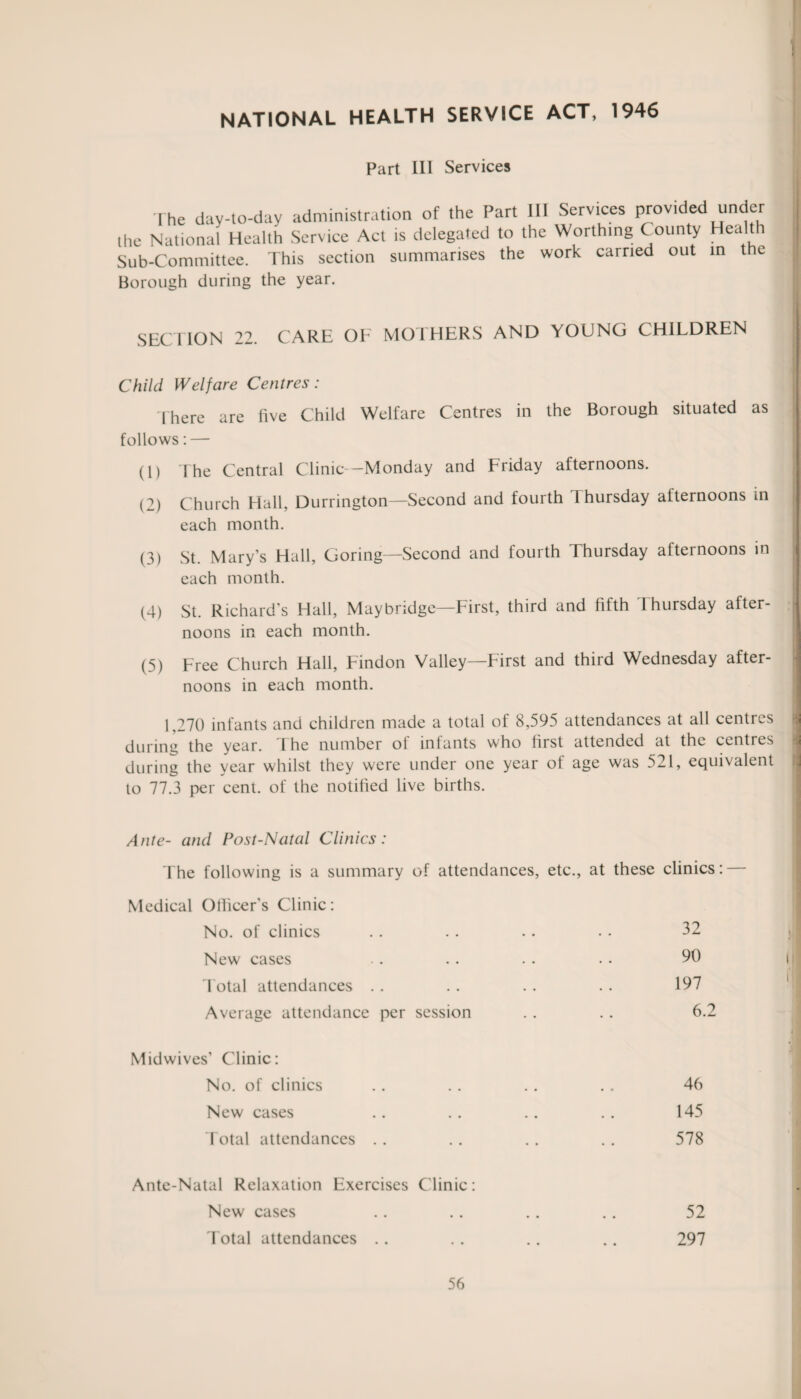 NATIONAL HEALTH SERVICE ACT, 1946 Part III Services Borough during the year. SECTION 22. CARE OF MOTHERS AND YOUNG CHILDREN Child Welfare Centres: Ihere are five Child Welfare Centres in the Borough situated as follows: — (1) The Central Clinic—Monday and Friday afternoons. (2) Church Hall, Durrington—Second and fourth Thursday afternoons in each month. (3) St. Mary’s Hall, Goring—Second and fourth Thursday afternoons in each month. (4) St. Richard’s Hall, Maybridge—First, third and fifth Thursday after¬ noons in each month. (5) Free Church Hall, Findon Valley—First and third Wednesday after¬ noons in each month. 1,270 infants and children made a total of 8,595 attendances at all centres during the year. The number of infants who first attended at the centres during the year whilst they were under one year of age was 521, equivalent to 77.3 per cent, of the notified live births. Ante- and Post-Natal Clinics: The following is a summary of attendances, etc., at these clinics: — Medical Otficer's Clinic: No. of clinics New cases Total attendances Average attendance per session 32 90 197 6.2 Midwives’ Clinic: No. of clinics New cases Total attendances 46 145 578 Ante-Natal Relaxation Exercises Clinic: New cases Total attendances 52 297