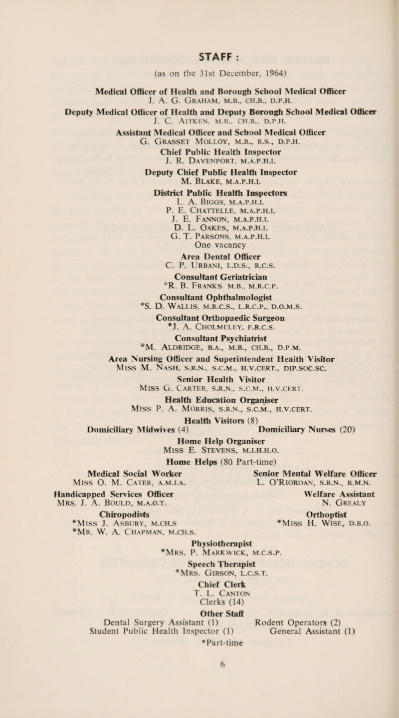 STAFF : (as on the 31st December, 1964) Medical Officer of Health and Borough School Medical Officer J. A. G. Graham, m.b., ch.b., d.p.h. Deputy Medical Officer of Health and Deputy Borough School Medical Officer J. C. Aitken. m.b.. ch.b.. d.p.h. Assistant Medical Officer and School Medical Officer G. Grasset Molloy, m.b.. b.s., d.p.h. Chief Public Health Inspector J. R. Davenport, m.a.p.h.i. Deputy Chief Public Health Inspector M. Blake, m.a.p.h.i. District Public Health Inspectors L. A. Biggs, m.a.p.h.i. P. E. Chattelle. m.a.p.h.i. J. E. Fannon, m.a.p.h.i. D. L. Oakes, m.a.p.h.i. G. T. Parsons, m.a.p.h.i. One vacancy Area Dental Officer C. P. CRBANI, L.D.S., R.C.S. Consultant Geriatrician *R. B. Franks m.b., m.r.c.p. Consultant Ophthalmologist *S. D. Wallis, m.r.c.s., l.r.c.p., d.o.m.s. Consultant Orthopaedic Surgeon *J. A. Cholmeley, f.r.c.s. Consultant Psychiatrist *M. Aldridge, b.a., m.b., ch.b., d.p.m. Area Nursing Officer and Superintendent Health Visitor Miss M. Nash, s.r.n., s.c.m., h.v.cert., dip.soc.sc. Senior Health Visitor Miss G. Carter, s.r.n., s.c.m., h.v.cert. Health Education Organiser Miss P. A. Morris, s.r.n., s.c.m., h.v.cert. Health Visitors (8) Domiciliary Mid wives (4) Domiciliary Nurses (20) Home Help Organiser Miss E. Stevens, m.i.h.h.o. Home Helps (80 Part-time) Medical Social Worker Miss O. M. Cater, a.m.i.a. Handicapped Services Officer Mrs. J. A. Bould, m.a.o.t. Chiropodists *Miss J. Asbury, M.CH.S *Mr. W. A. Chapman. m.ch.s. Senior Mental Welfare Officer L. O'Riordan, s.r.n., r.m.n. Welfare Assistant N. Grealy Orthoptist *Miss H. Wise, d.b.o. Physiotherapist *Mrs. P. Markwick, m.c.s.p. Speech Therapist *Mrs. Gibson, l.c.s.t. Chief Clerk T. L. Canton Clerks (14) Other Staff Dental Surgery Assistant (1) Rodent Operators (2) Student Public Health Inspector (1) General Assistant (1) ♦Part-time