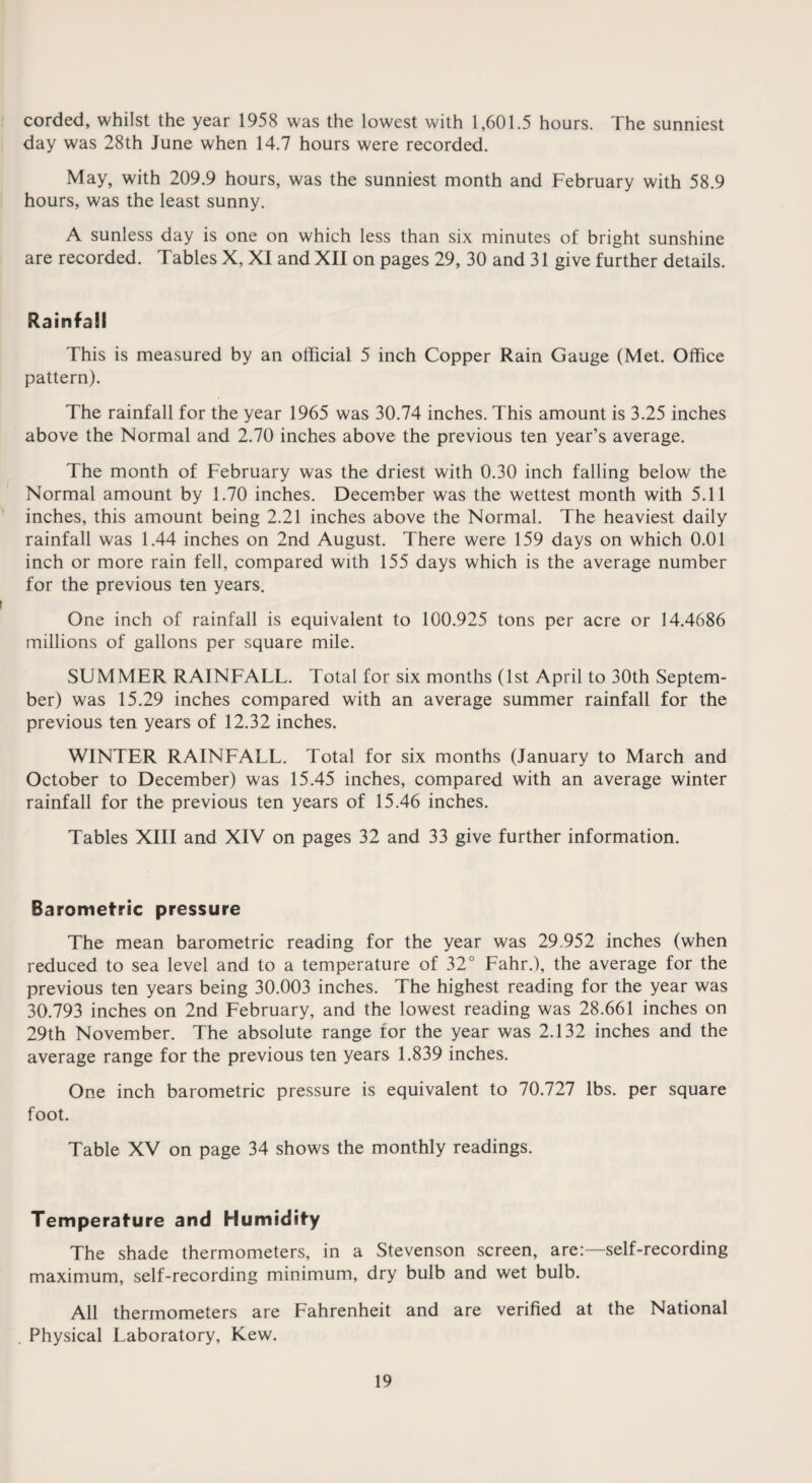 corded, whilst the year 1958 was the lowest with 1,601.5 hours. The sunniest day was 28th June when 14.7 hours were recorded. May, with 209.9 hours, was the sunniest month and February with 58.9 hours, was the least sunny. A sunless day is one on which less than six minutes of bright sunshine are recorded. Tables X, XI and XIJ on pages 29, 30 and 31 give further details. Rainfall This is measured by an official 5 inch Copper Rain Gauge (Met. Office pattern). The rainfall for the year 1965 was 30.74 inches. This amount is 3.25 inches above the Normal and 2.70 inches above the previous ten year’s average. The month of February was the driest with 0.30 inch falling below the Normal amount by 1.70 inches. December was the wettest month with 5.11 inches, this amount being 2.21 inches above the Normal. The heaviest daily rainfall was 1.44 inches on 2nd August. There were 159 days on which 0.01 inch or more rain fell, compared with 155 days which is the average number for the previous ten years. One inch of rainfall is equivalent to 100.925 tons per acre or 14.4686 millions of gallons per square mile. SUMMER RAINFALL. Total for six months (1st April to 30th Septem¬ ber) was 15.29 inches compared with an average summer rainfall for the previous ten years of 12.32 inches. WINTER RAINFALL. Total for six months (January to March and October to December) was 15.45 inches, compared with an average winter rainfall for the previous ten years of 15.46 inches. Tables XIII and XIV on pages 32 and 33 give further information. Barometric pressure The mean barometric reading for the year was 29.952 inches (when reduced to sea level and to a temperature of 32° Fahr.), the average for the previous ten years being 30.003 inches. The highest reading for the year was 30.793 inches on 2nd February, and the lowest reading was 28.661 inches on 29th November. The absolute range tor the year was 2.132 inches and the average range for the previous ten years 1.839 inches. One inch barometric pressure is equivalent to 70.727 lbs. per square foot. Table XV on page 34 shows the monthly readings. Temperature and Humidity The shade thermometers, in a Stevenson screen, are:—self-recording maximum, self-recording minimum, dry bulb and wet bulb. All thermometers are Fahrenheit and are verified at the National Physical Laboratory, Kew.