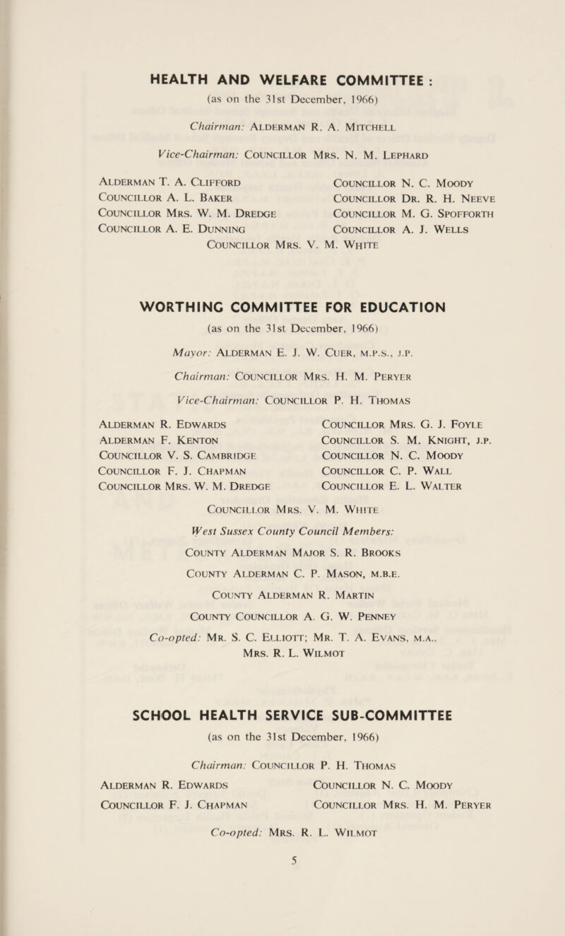 HEALTH AND WELFARE COMMITTEE : (as on the 31st December, 1966) Chairman: Alderman R. A. Mitchell Vice-Chairman: Councillor Mrs. N. M. Lephard Alderman T. A. Clifford Councillor A. L, Baker Councillor Mrs. W. M. Dredge Councillor A. E. Dunning Councillor N. C. Moody Councillor Dr. R. H. Neeve Councillor M. G. Spofforth Councillor A. J. Wells Councillor Mrs. V. M. White WORTHING COMMITTEE FOR EDUCATION (as on the 31st December, 1966) Mayor: Alderman E. J. W. Cuer, m.p.s., j.p. Chairman: Councillor Mrs. H. M. Peryer Vice-Chairman: Councillor P. H. Thomas Councillor Mrs. G. J. Foyle Councillor S. M. Knight, j.p. Councillor N. C. Moody Councillor C. P. Wall Councillor E. L. Walter Alderman R. Edwards Alderman F. Kenton Councillor V. S. Cambridge Councillor F. J. Chapman Councillor Mrs. W. M. Dredge Councillor Mrs. V. M. White West Sussex County Council Members: County Alderman Major S. R. Brooks County Alderman C. P. Mason, m.b.e. County Alderman R. Martin County Councillor A. G. W. Penney Co-opted: Mr. S. C. Elliott; Mr. T. A. Evans, m.a., Mrs. R. L. Wilmot SCHOOL HEALTH SERVICE SUB COMMITTEE (as on the 31st December, 1966) Chairman: Councillor P. H. Thomas Alderman R. Edwards Councillor F. J. Chapman Councillor N. C. Moody Councillor Mrs. H. M. Peryer Co-opted: Mrs. R. L. Wilmot