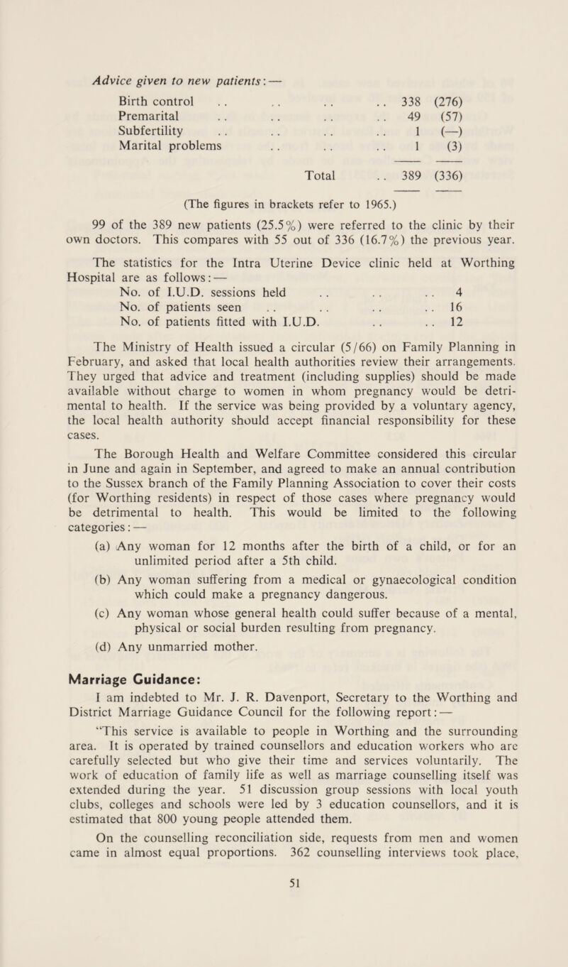 Advice given to new patients: — Birth control Premarital Subfertility Marital problems 338 (276) 49 (57) 1 (-) 1 (3) Total . . 389 (336) (The figures in brackets refer to 1965.) 99 of the 389 new patients (25.5%) were referred to the clinic by their own doctors. This compares with 55 out of 336 (16.7%) the previous year. The statistics for the Intra Uterine Device clinic held at Worthing Hospital are as follows: — No. of I.U.D. sessions held . . . . . . 4 No. of patients seen . . . . . . . . 16 No. of patients fitted with I.U.D. . . . . 12 The Ministry of Health issued a circular (5/66) on Family Planning in February, and asked that local health authorities review their arrangements. They urged that advice and treatment (including supplies) should be made available without charge to women in whom pregnancy would be detri¬ mental to health. If the service was being provided by a voluntary agency, the local health authority should accept financial responsibility for these cases. The Borough Health and Welfare Committee considered this circular in June and again in September, and agreed to make an annual contribution to the Sussex branch of the Family Planning Association to cover their costs (for Worthing residents) in respect of those cases where pregnancy would be detrimental to health. This would be limited to the following categories: — (a) Any woman for 12 months after the birth of a child, or for an unlimited period after a 5th child. (b) Any woman suffering from a medical or gynaecological condition which could make a pregnancy dangerous. (c) Any woman whose general health could suffer because of a mental, physical or social burden resulting from pregnancy. (d) Any unmarried mother. Marriage Guidance: I am indebted to Mr. J. R. Davenport, Secretary to the Worthing and District Marriage Guidance Council for the following report: — “This service is available to people in Worthing and the surrounding area. It is operated by trained counsellors and education workers who are carefully selected but who give their time and services voluntarily. The work of education of family life as well as marriage counselling itself was extended during the year. 51 discussion group sessions with local youth clubs, colleges and schools were led by 3 education counsellors, and it is estimated that 800 young people attended them. On the counselling reconciliation side, requests from men and women came in almost equal proportions. 362 counselling interviews took place,
