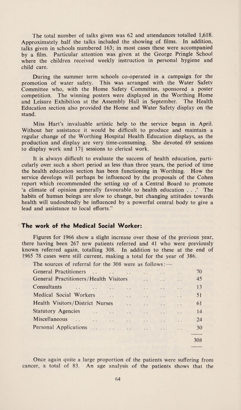 The total number of talks given was 62 and attendances totalled 1,618. Approximately half the talks included the showing of films. In addition, talks given in schools numbered 163; in most cases these were accompanied by a film. Particular attention was given at the George Pringle School where the children received weekly instruction in personal hygiene and child care. During the summer term schools co-operated in a campaign for the promotion of water safety. This was arranged with the Water Safety Committee who, with the Home Safety Committee, sponsored a poster competition. The winning posters were displayed in the Worthing Home and Leisure Exhibition at the Assembly Hall in September. The Health Education section also provided the Home and Water Safety display on the stand. Miss Hart’s invaluable artistic help to the service began in April. Without her assistance it would be difficult to produce and maintain a regular change of the Worthing Hospital Health Education displays, as the production and display are very time-consuming. She devoted 69 sessions to display work and 17j sessions to clerical work. It is always difficult to evaluate the success of health education, parti¬ cularly over such a short period as less than three years, the period of time the health education section has been functioning in Worthing. How the service develops will perhaps be influenced by the proposals of the Cohen report which recommended the setting up of a Central Board to promote ‘a climate of opinion generally favourable to health education . . .’ The habits of human beings are slow to change, but changing attitudes towards health will undoubtedly be influenced by a powerful central body to give a lead and assistance to local efforts.” The work of the Medical Social Worker: Figures for 1966 show a slight increase over those of the previous year, there having been 267 new patients referred and 41 who were previously known referred again, totalling 308. In addition to these at the end of 1965 78 cases were still current, making a total for the year of 386. The sources of referral for the 308 were as follows: — General Practitioners . . . . . . . . 70 General Practitioners/Health Visitors . . . . . . 45 Consultants . . . . . . . . . . 13 Medical Social Workers . . . . . . . . . . 51 Health Visitors/District Nurses . . . . . . . . 61 Statutory Agencies . . . . . . . . . . . . 14 Miscellaneous . . . . . . . . 24 Personal Applications . . . . . . . . . . . . 30 308 Once again quite a large proportion of the patients were suffering from cancer, a total of 83. An age analysis of the patients shows that the