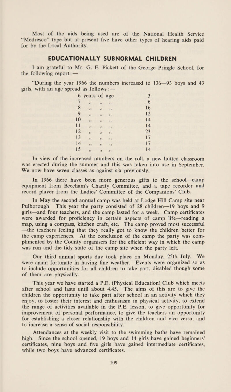 Most of the aids being used are of the National Health Service “Medresco” type but at present five have other types of hearing aids paid for by the Local Authority. EDUCATIONALLY SUBNORMAL CHILDREN I am grateful to Mr. G. E. Pickett of the George Pringle School, for the following report: — “During the year 1966 the numbers increased to 136—93 boys and 43 girls, with an age spread as follows: — 6 years of age 3 7 99 99 6 8 99 99 16 9 99 99 12 10 99 99 14 11 9^ 9 9 14 12 99 99 23 13 •> 1 99 99 17 14 99 99 17 15 99 99 99 14 In view of the increased numbers on the roll, a new hutted classroom was erected during the summer and this was taken into use in September. We now have seven classes as against six previously. In 1966 there have been more generous gifts to the school—camp equipment from Beecham’s Charity Committee, and a tape recorder and record player from the Ladies’ Committee of the Companions’ Club. In May the second annual camp was held at Lodge Hill Camp site near Pulborough. This year the party consisted of 28 children—19 boys and 9 girls—and four teachers, and the camp lasted for a week. Camp certificates were awarded for proficiency in certain aspects of camp life—reading a map, using a compass, kitchen craft, etc. The camp proved most successful —the teachers feeling that they really got to know the children better for the camp experiences. At the conclusion of the camp the party was com¬ plimented by the County organisers for the efficient way in which the camp was run and the tidy state of the camp site when the party left. Our third annual sports day took place on Monday, 25th July. We were again fortunate in having fine weather. Events were organized so as to include opportunities for all children to take part, disabled though some of them are physically. This year we have started a P.E. (Physical Education) Club which meets after school and lasts until about 4.45. The aims of this are to give the children the opportunity to take part after school in an activity which they enjoy, to foster their interest and enthusiasm in physical activity, to extend the range of activities available in the P.E. lesson, to give opportunity for improvement of personal performance, to give the teachers an opportunity for establishing a closer relationship with the children and vice versa, and to increase a sense of social responsibility. Attendances at the weekly visit to the swimming baths have remained high. Since the school opened, 19 boys and 14 girls have gained beginners’ certificates, nine boys and five girls have gained intermediate certificates, while two boys have advanced certificates.