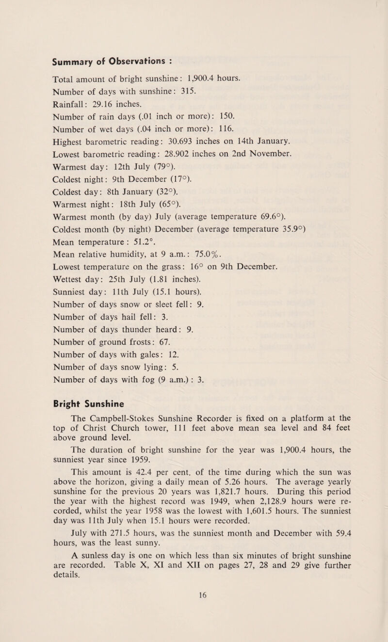 Summary of ObservaHoras : Total amount of bright sunshine: 1,900.4 hours. Number of days with sunshine: 315. Rainfall: 29.16 inches. Number of rain days (.01 inch or more): 150. Number of wet days (.04 inch or more): 116. Highest barometric reading: 30.693 inches on 14th January. Lowest barometric reading: 28.902 inches on 2nd November. Warmest day: 12th July (79°). Coldest night: 9th December (17°). Coldest day: 8th January (32°). Warmest night: 18th July (65°). Warmest month (by day) July (average temperature 69.6°). Coldest month (by night) December (average temperature 35.9°) Mean temperature : 51.2°. Mean relative humidity, at 9 a.m.: 75.0%. Lowest temperature on the grass: 16° on 9th December. Wettest day: 25th July (1.81 inches). Sunniest day: 11th July (15.1 hours). Number of days snow or sleet fell: 9. Number of days hail fell: 3. Number of days thunder heard: 9. Number of ground frosts: 67. Number of days with gales: 12. Number of days snow lying: 5. Number of days with fog (9 a.m.) : 3. Bright Sunshine The Campbell-Stokes Sunshine Recorder is fixed on a platform at the top of Christ Church tower, 111 feet above mean sea level and 84 feet above ground level. The duration of bright sunshine for the year was 1,900.4 hours, the sunniest year since 1959. This amount is 42.4 per cent, of the time during which the sun was above the horizon, giving a daily mean of 5.26 hours. The average yearly sunshine for the previous 20 years was 1,821.7 hours. During this period the year with the highest record was 1949, when 2,128.9 hours were re¬ corded, whilst the year 1958 was the lowest with 1,601.5 hours. The sunniest day was 11th July when 15.1 hours were recorded. July with 271.5 hours, was the sunniest month and December with 59.4 hours, was the least sunny. A sunless day is one on which less than six minutes of bright sunshine are recorded. Table X, XI and XII on pages 27, 28 and 29 give further details.