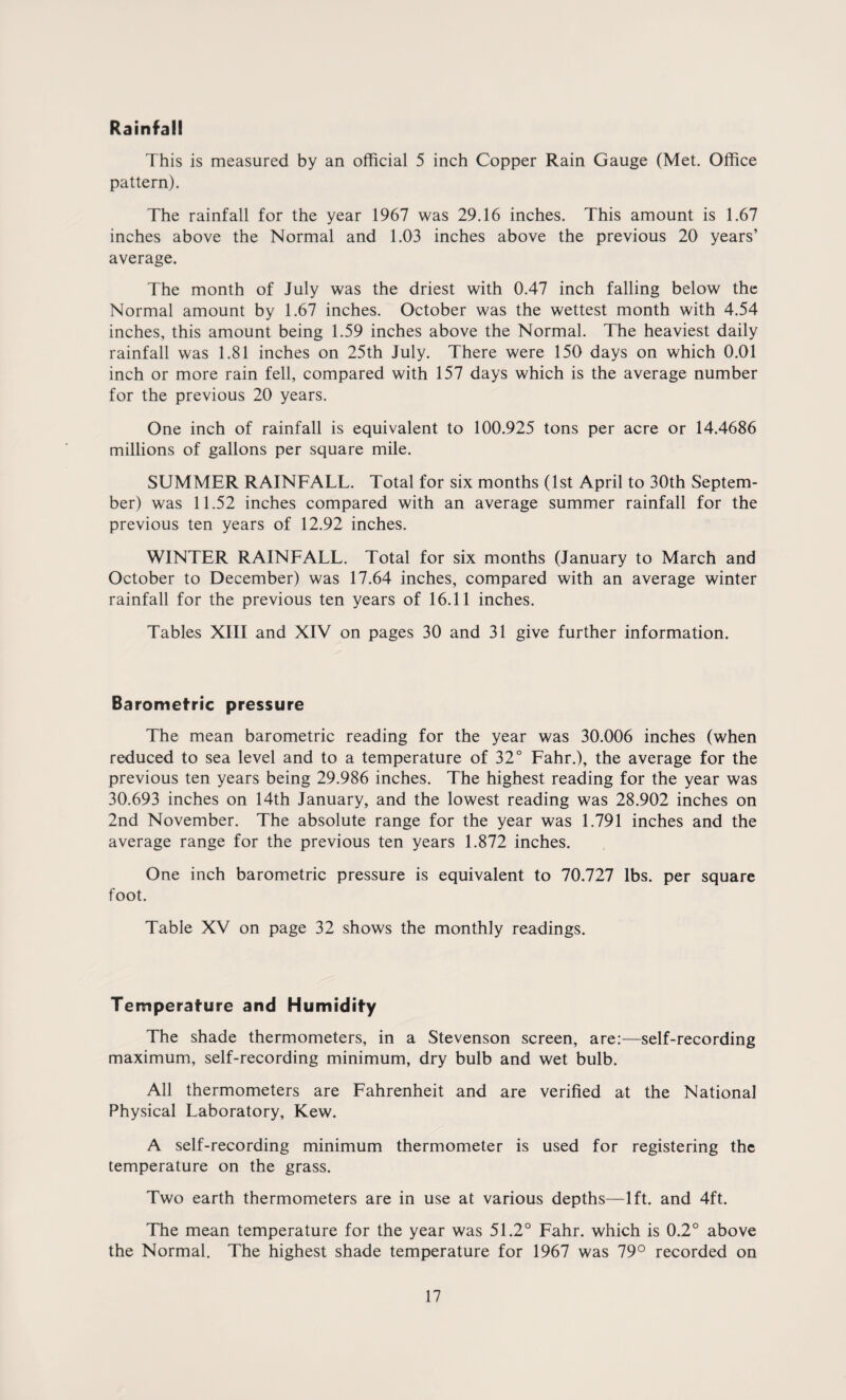 Rainfall This is measured by an official 5 inch Copper Rain Gauge (Met. Office pattern). The rainfall for the year 1967 was 29.16 inches. This amount is 1.67 inches above the Normal and 1.03 inches above the previous 20 years’ average. The month of July was the driest with 0.47 inch falling below the Normal amount by 1.67 inches. October was the wettest month with 4.54 inches, this amount being 1.59 inches above the Normal. The heaviest daily rainfall was 1.81 inches on 25th July. There were 150 days on which 0.01 inch or more rain fell, compared with 157 days which is the average number for the previous 20 years. One inch of rainfall is equivalent to 100.925 tons per acre or 14.4686 millions of gallons per square mile. SUMMER RAINFALL. Total for six months (1st April to 30th Septem¬ ber) was 11.52 inches compared with an average summer rainfall for the previous ten years of 12.92 inches. WINTER RAINFALL. Total for six months (January to March and October to December) was 17.64 inches, compared with an average winter rainfall for the previous ten years of 16.11 inches. Tables XIII and XIV on pages 30 and 31 give further information. Barometric pressure The mean barometric reading for the year was 30.006 inches (when reduced to sea level and to a temperature of 32° Fahr.), the average for the previous ten years being 29.986 inches. The highest reading for the year was 30.693 inches on 14th January, and the lowest reading was 28.902 inches on 2nd November. The absolute range for the year was 1.791 inches and the average range for the previous ten years 1.872 inches. One inch barometric pressure is equivalent to 70.727 lbs. per square foot. Table XV on page 32 shows the monthly readings. Temperature and Humidity The shade thermometers, in a Stevenson screen, are:—self-recording maximum, self-recording minimum, dry bulb and wet bulb. All thermometers are Fahrenheit and are verified at the National Physical Laboratory, Kew. A self-recording minimum thermometer is used for registering the temperature on the grass. Two earth thermometers are in use at various depths—lft. and 4ft. The mean temperature for the year was 51.2° Fahr. which is 0.2° above the Normal. The highest shade temperature for 1967 was 79° recorded on