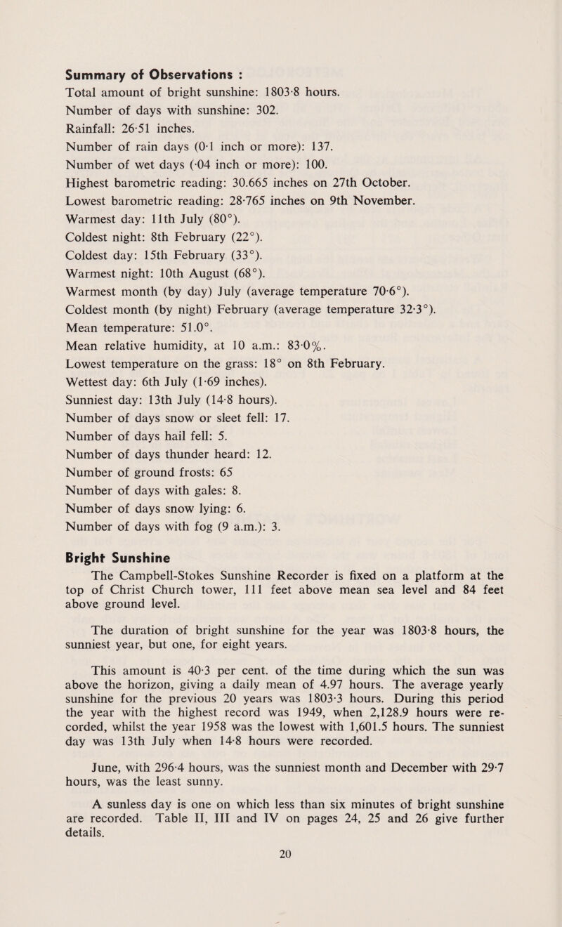 Summary of Observations : Total amount of bright sunshine: 1803-8 hours. Number of days with sunshine: 302. Rainfall: 26-51 inches. Number of rain days (0-1 inch or more): 137. Number of wet days (-04 inch or more): 100. Highest barometric reading: 30.665 inches on 27th October. Lowest barometric reading: 28-765 inches on 9th November. Warmest day: 11th July (80°). Coldest night: 8th February (22°). Coldest day: 15th February (33°). Warmest night: 10th August (68°). Warmest month (by day) July (average temperature 70-6°). Coldest month (by night) February (average temperature 32-3°). Mean temperature: 51.0°. Mean relative humidity, at 10 a.m.: 83-0%. Lowest temperature on the grass: 18° on 8th February. Wettest day: 6th July (1-69 inches). Sunniest day: 13th July (14*8 hours). Number of days snow or sleet fell: 17. Number of days hail fell: 5. Number of days thunder heard: 12. Number of ground frosts: 65 Number of days with gales: 8. Number of days snow lying: 6. Number of days with fog (9 a.m.): 3. Bright* Sunshine The Campbell-Stokes Sunshine Recorder is fixed on a platform at the top of Christ Church tower, 111 feet above mean sea level and 84 feet above ground level. The duration of bright sunshine for the year was 1803-8 hours, the sunniest year, but one, for eight years. This amount is 40-3 per cent, of the time during which the sun was above the horizon, giving a daily mean of 4.97 hours. The average yearly sunshine for the previous 20 years was 1803-3 hours. During this period the year with the highest record was 1949, when 2,128.9 hours were re¬ corded, whilst the year 1958 was the lowest with 1,601.5 hours. The sunniest day was 13th July when 14*8 hours were recorded. June, with 296-4 hours, was the sunniest month and December with 29-7 hours, was the least sunny. A sunless day is one on which less than six minutes of bright sunshine are recorded. Table II, III and IV on pages 24, 25 and 26 give further details.
