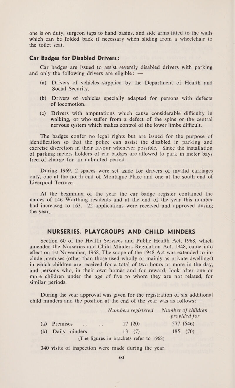 one is on duty, surgeon taps to hand basins, and side arms fitted to the wails which can be folded back if necessary when sliding from a wheelchair to the toilet seat. Car Badges for Disabled Drivers: Car badges are issued to assist severely disabled drivers with parking and only the following drivers are eligible: — (a) Drivers of vehicles supplied by the Department of Health and Social Security. (b) Drivers of vehicles specially adapted for persons with defects of locomotion. (c) Drivers with amputations which cause considerable difficulty in walking, or who suffer from a defect of the spine or the central nervous system which makes control of the lower limbs difficult. The badges confer no legal rights but are issued for the purpose of identification so that the police can assist the disabled in parking and exercise discretion in their favour whenever possible. Since the installation of parking meters holders of car badges are allowed to park in meter bays free of charge for an unlimited period. During 1969, 2 spaces were set aside for drivers of invalid carriages only, one at the north end of Montague Place and one at the south end of Liverpool Terrace. At the beginning of the year the car badge register contained the names of 146 Worthing residents and at the end of the year this number had increased to 163. 22 applications were received and approved during the year. NURSERIES, PLAYGROUPS AND CHILD MINDERS Section 60 of the Health Services and Public Health Act, 1968, which amended the Nurseries and Child Minders Regulation Act, 1948, came into effect on 1st November, 1968. The scope of the 1948 Act was extended to in¬ clude premises (other than those used wholly or mainly as private dwellings) in which children are received for a total of two hours or more in the day, and persons who, in their own homes and for reward, look after one or more children under the age of five to whom they are not related, for similar periods. During the year approval was given for the registration of six additional child minders and the position at the end of the year was as follows: — Numbers registered Number of children provided for (a) Premises . . . . 17 (20) 577 (546) (b) Daily minders .. 13 (7) 185 (70) (The figures in brackets refer to 1968) 340 visits of inspection were made during the year.