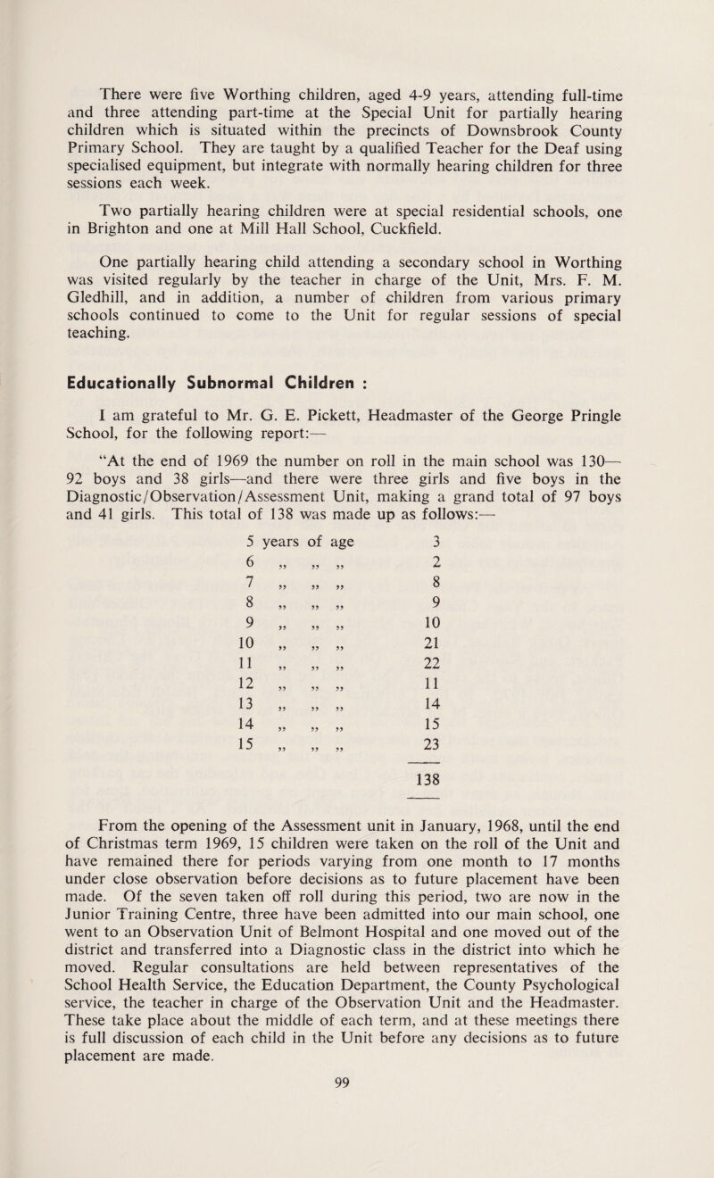 There were five Worthing children, aged 4-9 years, attending full-time and three attending part-time at the Special Unit for partially hearing children which is situated within the precincts of Downsbrook County Primary School. They are taught by a qualified Teacher for the Deaf using specialised equipment, but integrate with normally hearing children for three sessions each week. Two partially hearing children were at special residential schools, one- in Brighton and one at Mill Hall School, Cuckfield. One partially hearing child attending a secondary school in Worthing was visited regularly by the teacher in charge of the Unit, Mrs. F. M. Gledhill, and in addition, a number of children from various primary schools continued to come to the Unit for regular sessions of special teaching. Educationally Subnormal Children : I am grateful to Mr. G. E. Pickett, Headmaster of the George Pringle School, for the following report:— “At the end of 1969 the number on roll in the main school was 130— 92 boys and 38 girls—and there were three girls and five boys in the Diagnostic/Observation/Assessment Unit, making a grand total of 97 boys and 41 girls. This total of 138 was made up as follows:— 5 years of age 3 6 99 99 99 2 7 99 99 99 8 8 99 99 99 9 9 99 99 99 10 10 99 99 99 21 11 99 99 99 22 12 99 99 99 11 13 99 99 99 14 14 99 99 99 15 15 99 99 99 23 138 From the opening of the Assessment unit in January, 1968, until the end of Christmas term 1969, 15 children were taken on the roll of the Unit and have remained there for periods varying from one month to 17 months under close observation before decisions as to future placement have been made. Of the seven taken off roll during this period, two are now in the Junior Training Centre, three have been admitted into our main school, one went to an Observation Unit of Belmont Hospital and one moved out of the district and transferred into a Diagnostic class in the district into which he moved. Regular consultations are held between representatives of the School Health Service, the Education Department, the County Psychological service, the teacher in charge of the Observation Unit and the Headmaster. These take place about the middle of each term, and at these meetings there is full discussion of each child in the Unit before any decisions as to future placement are made.