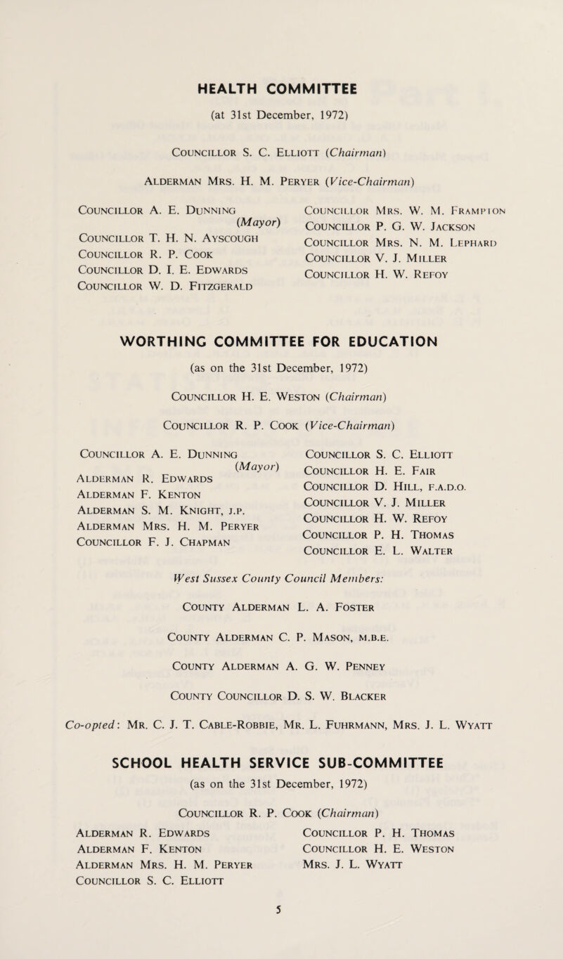 HEALTH COMMITTEE (at 31st December, 1972) Councillor S. C. Elliott (Chairman) Alderman Mrs. H. M. Peryer (Vice-Chairman) Councillor A. E. Dunning (Mayor) Councillor T. H. N. Ayscough Councillor R. P. Cook Councillor D. I. E. Edwards Councillor W. D. Fitzgerald Councillor Mrs. W. M. Fr am pi on Councillor P. G. W. Jackson Councillor Mrs. N. M. Lephard Councillor V. J. Miller Councillor H. W. Refoy WORTHING COMMITTEE FOR EDUCATION (as on the 31st December, 1972) Councillor H. E. Weston (Chairman) Councillor R. P. Cook (Vice-Chairman) Councillor A. E. Dunning {Mayor) Alderman R. Edwards Alderman F. Kenton Alderman S. M. Knight, j.p. Alderman Mrs. H. M. Peryer Councillor F. J. Chapman Councillor S. C. Elliott Councillor H. E. Fair Councillor D. Hill, f.a.d.o. Councillor V. J. Miller Councillor H. W. Refoy Councillor P. H. Thomas Councillor E. L. Walter West Sussex County Council Members: County Alderman L. A. Foster County Alderman C. P. Mason, m.b.e. County Alderman A. G. W. Penney County Councillor D. S. W. Blacker Co-opted: Mr. C. J. T. Cable-Robbie, Mr. L. Fuhrmann, Mrs. J. L. Wyatt SCHOOL HEALTH SERVICE SUB COMMITTEE (as on the 31st December, 1972) Councillor R. P. Cook (Chairman) Alderman R. Edwards Alderman F. Kenton Alderman Mrs. H. M. Peryer Councillor S. C. Elliott 5 Councillor P. H. Thomas Councillor H. E. Weston Mrs. J. L. Wyatt