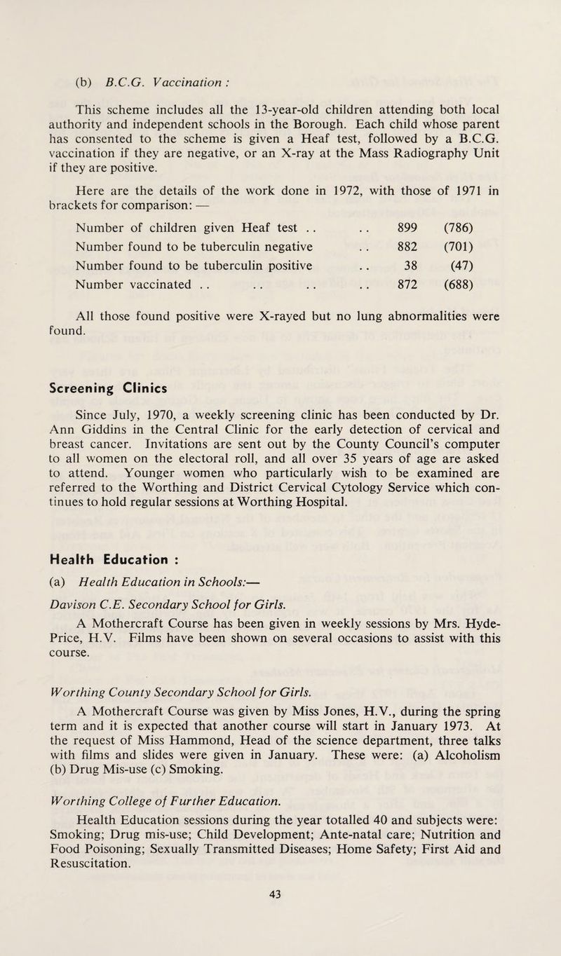 (b) B.C.G. Vaccination : This scheme includes all the 13-year-old children attending both local authority and independent schools in the Borough. Each child whose parent has consented to the scheme is given a Heaf test, followed by a B.C.G. vaccination if they are negative, or an X-ray at the Mass Radiography Unit if they are positive. Here are the details of the work done in 1972, with those of 1971 in brackets for comparison: — Number of children given Heaf test . . Number found to be tuberculin negative Number found to be tuberculin positive Number vaccinated 899 (786) 882 (701) 38 (47) 872 (688) All those found positive were X-rayed but no lung abnormalities were found. Screening Clinics Since July, 1970, a weekly screening clinic has been conducted by Dr. Ann Giddins in the Central Clinic for the early detection of cervical and breast cancer. Invitations are sent out by the County Council’s computer to all women on the electoral roll, and all over 35 years of age are asked to attend. Younger women who particularly wish to be examined are referred to the Worthing and District Cervical Cytology Service which con¬ tinues to hold regular sessions at Worthing Hospital. Health Education : (a) Health Education in Schools:— Davison C.E. Secondary School for Girls. A Mothercraft Course has been given in weekly sessions by Mrs. Hyde- Price, H.V. Films have been shown on several occasions to assist with this course. Worthing County Secondary School for Girls. A Mothercraft Course was given by Miss Jones, H.V., during the spring term and it is expected that another course will start in January 1973. At the request of Miss Hammond, Head of the science department, three talks with films and slides were given in January. These were: (a) Alcoholism (b) Drug Mis-use (c) Smoking. Worthing College of Further Education. Health Education sessions during the year totalled 40 and subjects were: Smoking; Drug mis-use; Child Development; Ante-natal care; Nutrition and Food Poisoning; Sexually Transmitted Diseases; Home Safety; First Aid and Resuscitation.