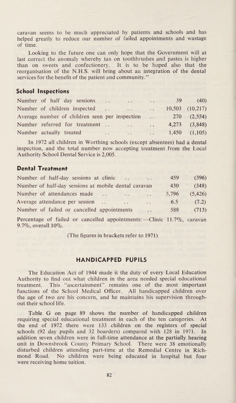 caravan seems to be much appreciated by patients and schools and has helped greatly to reduce our number of failed appointments and wastage of time. Looking to the future one can only hope that the Government will at last correct the anomaly whereby tax on toothbrushes and pastes is higher than on sweets and confectionery. It is to be hoped also that the reorganisation of the N.H.S. will bring about an integration of the dental services for the benefit of the patient and community.” School Inspections Number of half day sessions 39 (40) Number of children inspected 10,503 (10,217) Average number of children seen per inspection 270 (2,554) Number referred for treatment 4,273 (3,848) Number actually treated 1,450 (1,105) In 1972 all children in Worthing schools (except absentees) had a dental inspection, and the total number now accepting treatment from the Local Authority School Dental Service is 2,005. Dental Treatment Number of half-day sessions at clinic 459 (396) Number of half-day sessions at mobile dental caravan 430 (348) Number of attendances made 5,796 (5,426) Average attendance per session 6.5 (7.2) Number of failed or cancelled appointments 588 (713) Percentage of failed or cancelled appointments: —Clinic 11.7%, caravan 9.7%, overall 10%. (The figures in brackets refer to 1971) HANDICAPPED PUPILS The Education Act of 1944 made it the duty of every Local Education Authority to find out what children in the area needed special educational treatment. This “ascertainment” remains one of the most important functions of the School Medical Officer. All handicapped children over the age of two are his concern, and he maintains his supervision through¬ out their school life. Table G on page 89 shows the number of handicapped children requiring special educational treatment in each of the ten categories. At the end of 1972 there were 133 children on the registers of special schools (92 day pupils and 32 boarders) compared with 128 in 1971. In addition seven children were in full-time attendance at the partially hearing unit in Downsbrook County Primary School. There were 38 emotionally disturbed children attending part-time at the Remedial Centre in Rich¬ mond Road. No children were being educated in hospital but four were receiving home tuition.