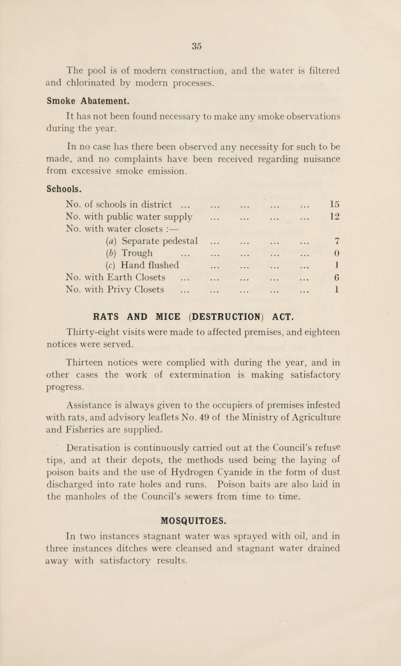The pool is of modern construction, and the water is filtered and chlorinated by modern processes. Smoke Abatement. It has not been found necessary to make any smoke observations during the year. In no case has there been observed any necessity for such to be made, and no complaints have been received regarding nuisance from excessive smoke emission. Schools. No. of schools in district ... No. with public water supply No. with water closets :— (a) Separate pedestal (b) Trough (c) Hand flushed No. with Earth Closets No. with Privy Closets RATS AND MICE (DESTRUCTION) ACT. Thirty-eight visits were made to affected premises, and eighteen notices were served. Thirteen notices were complied with during the year, and in other cases the work of extermination is making satisfactory progress. Assistance is always given to the occupiers of premises infested with rats, and advisory leaflets No. 49 of the Ministry of Agriculture and Fisheries are supplied, Deratisation is continuously carried out at the Council's refuse tips, and at their depots, the methods used being the laying of poison baits and the use of Hydrogen Cyanide in the form of dust discharged into rate holes and runs. Poison baits are also laid in the manholes of the Council's sewers from time to time. MOSQUITOES. In two instances stagnant water was sprayed with oil, and in three instances ditches were cleansed and stagnant water drained away with satisfactory results. 15 12 7 0 ] 6 1