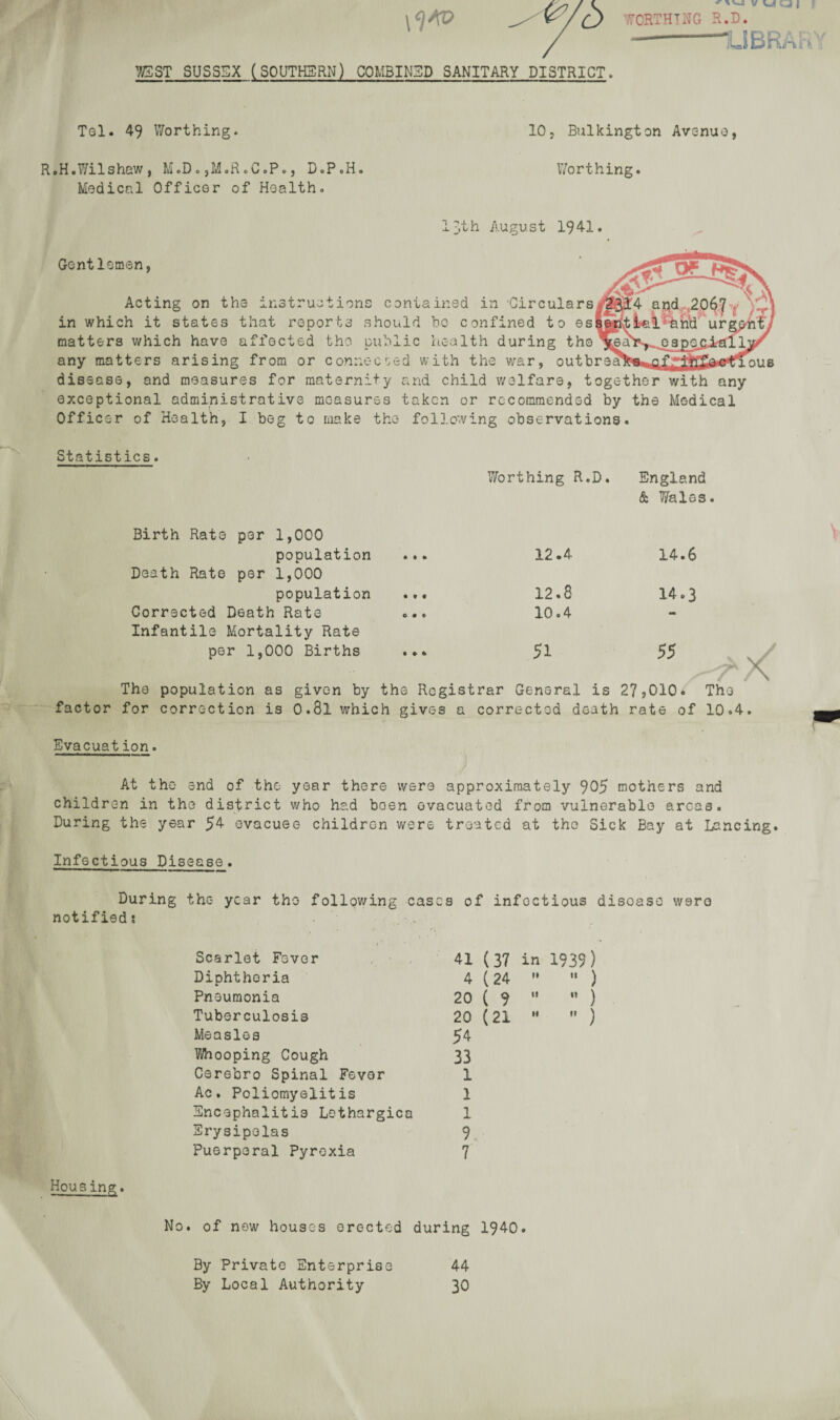 \<l*0 '.TCRTHTNG - ^V_a v I R.D. JBR rii' WEST SUSSEX (southern) combined sanitary district. Tel. 49 Worthing. 10, Bulkington Avenue, R.H.Wilshaw, M.D. ,M.R.C.P., D.P.H. Worthing. Medical Officer of Health. Ijth August 1941. Gentlemen, Acting on the instructions contained in Giro in which it states that reports should bo confined matters which have affected the public health durin any matters arising from or connected with the war, disease, and measures for maternity and child welfare, together with any exceptional administrative measures taken or recommended by the Medical Officer of Health, I beg to make the following observations. Statistics. Birth Rate per 1,000 population • » » Worthing R.D. 12.4 England & Wales. 14.6 Death Rate per 1,000 population • ft 12.8 14.3 Corrected Death Rate etc 10.4 - Infantile Mortality Rate per 1,000 Births • » 51 55 Tho population as given by the Registrar General is 27,010. Tho factor for correction is 0.8l which gives a corrected death rate of 10.4. Evacuation. At the end of the year there were approximately 905 mothers and children in the district who had boen evacuated from vulnerable areas. During the year 54 evacuee children were treated at tho Sick Bay at Lancing. Infectious Disease. During the year tho following cases of infectious disease were notified: . • > • Scarlet Fever Diphtheria Pneumonia Tuberculosis Measles Whooping Cough Cerebro Spinal Fevor Ac. Poliomyelitis Encephalitis Lethargies Erysipelas Puerperal Pyrexia 41 (37 in 1935) 4 ( 24 ) 20 ( ? M u ) 20 (21 ) 54 33 1 1 1 9, 7 Housing. No. of now houses erected during 1940. By Private Enterprise By Local Authority 44 30