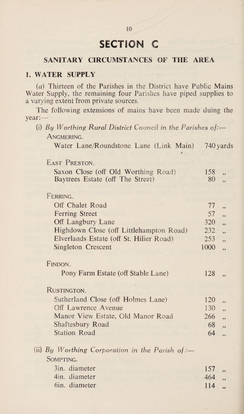 SECTION C SANITARY CIRCUMSTANCES OF THE AREA 1. WATER SUPPLY (a) Thirteen of the Parishes in the District have Public Mains Water Supply, the remaining four Parishes have piped supplies to a varying extent from private sources. The following extensions of mains have been made duing the year:— (i) By Worthing Rural District Council in the Parish es of:— Angmering. Water Lane/Roundstone Lane (Link Main) 740 yards East Preston. Saxon Close (off Old Worthing Road) 158 „ Baytrees Estate (off The Street) 80 „ Ferring. Off Chalet Road 77 „ Ferring Street 57 „ Off Langbury Lane 320 „ Highdown Close (off Littlehampton Road) 232 „ Elverlands Estate (off St. Hilier Road) 253 „ Singleton Crescent 1000 „ Findon. Pony Farm Estate (off Stable Lane) 128 „ ( Rustington. Sutherland Close (off Holmes Lane) 120 „ Off Lawrence Avenue 130 „ Manor View Estate, Old Manor Road 266 „ Shaftesbury Road 68 „ Station Road 64 „ (ii) By Worthing Corporation in the Parish of:— SOMPTING. 3in. diameter 157 „ 4in. diameter 464 „ 6in. diameter 114 „
