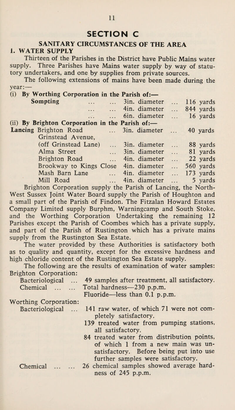 SECTION C SANITARY CIRCUMSTANCES OF THE AREA 1. WATER SUPPLY Thirteen of the Parishes in the District have Public Mains water supply. Three Parishes have Mains water supply by way of statu¬ tory undertakers, and one by supplies from private sources. The following extensions of mains have been made during the year:— (i) By Worthing Corporation in the Parish of:— Sompting ... ... Bin. diameter .. 4in. diameter .. 6in. diameter (ii) By Brighton Corporation in the Parish of:— 116 yards 844 yards 16 yards Bin. diameter 40 yards Bin. diameter Bin. diameter 4in. diameter 4in. diameter 4in. diameter 4in. diameter 88 yards 81 yards 22 yards 560 yards 17B yards 5 yards Lancing Brighton Road Grinstead Avenue, (off Grinstead Lane) Alma Street Brighton Road Brookway to Kings Close Mash Barn Lane Mill Road Brighton Corporation supply the Parish of Lancing, the North- West Sussex Joint Water Board supply the Parish of Houghton and a small part of the Parish of Findon. The Fitzalan Howard Estates Company Limited supply Burphm, Warningcamp and South Stoke, and the Worthing Corporation Undertaking the remaining 12 Parishes except the Parish of Coombes which has a private supply, and part of the Parish of Rustington which has a private mains supply from the Rustington Sea Estate. The water provided by these Authorities is satisfactory both as to quality and quantity, except for the excessive hardness and high chloride content of the Rustington Sea Estate supply. The following are the results of examination of water samples: Brighton Corporation: Bacteriological ... 49 samples after treatment, all satisfactory. Chemical . Total hardness—2B0 p.p.m. Fluoride—less than 0.1 p.p.m. Worthing Corporation: Bacteriological ... 141 raw water, of which 71 were not com¬ pletely satisfactory. 139 treated water from pumping stations, all satisfactory. 84 treated water from distribution points, of which 1 from a new main was un¬ satisfactory. Before being put into use further samples were satisfactory. Chemical . 26 chemical samples showed average hard¬ ness of 245 p.p.m.