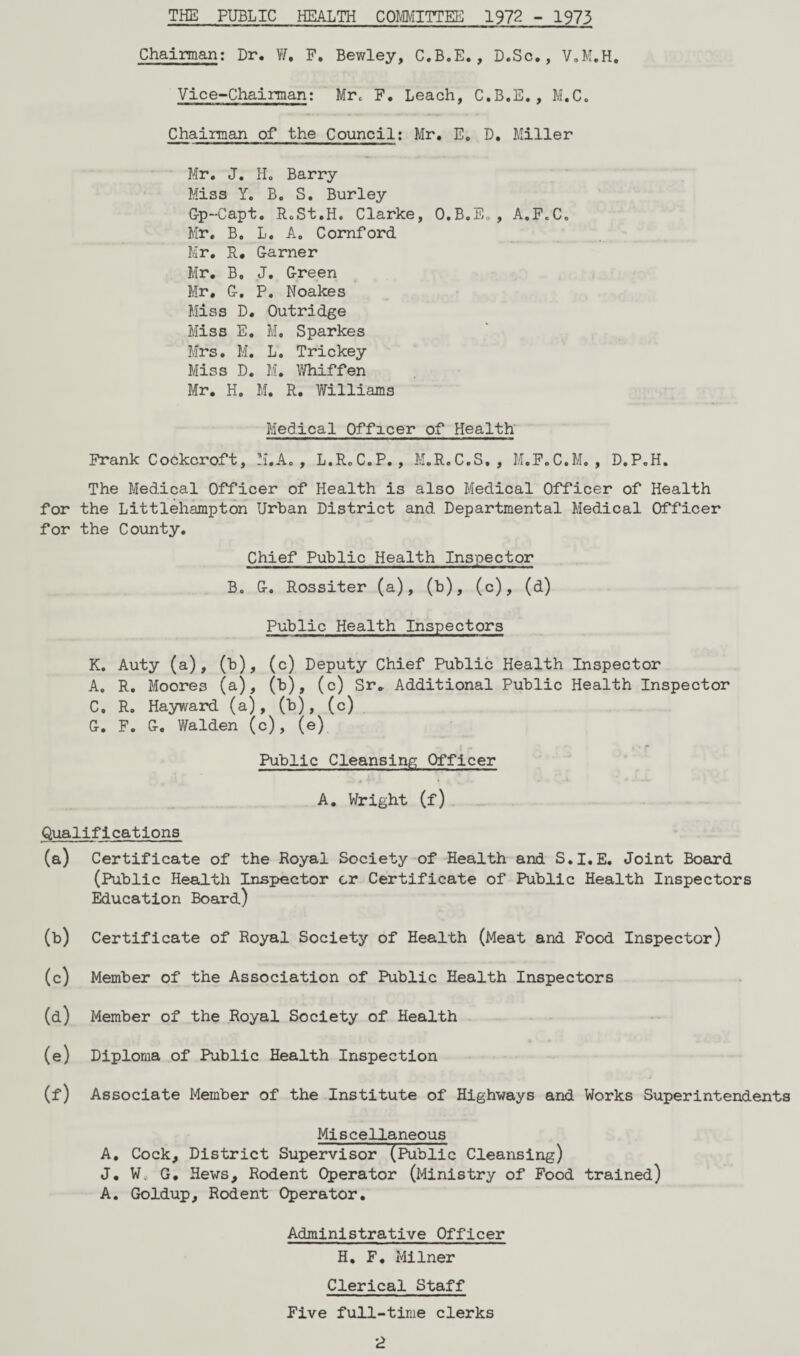 Chairman: Dr. V7, F. Bewley, C.B.E., D.Sc., V.M.H. Vice-Chairman: Mr. F. Leach, C.B.E., M.C. Chairman of the Council: Mr. E. D. Miller Mr. J. H. Barry Miss Y. B. S. Burley Gp-Capt. R.St.H. Clarke, O.B.E., A.F.C. Mr. B. L. A. Cornford Mr. R. Garner Mr. B. J. Green Mr. G. P. Noakes Miss D. Outridge Miss E. M. Sparkes Mrs. M. L. Trickey Miss D. M. Whiffen Mr. H. M. R. Williams Medical Officer of Health Frank Cockcroft, H.A., L.R«C.P., M.R.C.S,, M.F.C.M., D.P.H. The Medical Officer of Health is also Medical Officer of Health for the Littlehampton Urban District and Departmental Medical Officer for the County. Chief Public Health Inspector B. G. Rossiter (a), (b), (c), (d) Public Health Inspectors K. Auty (a), (b), (c) Deputy Chief Public Health Inspector A. R. Moores (a), (b), (c) Sr. Additional Public Health Inspector C. R. Hayward (a), (b), (c) G. F. G. Walden (c), (e) Public Cleansing Officer A. Wright (f) Qualifications (a) Certificate of the Royal Society of Health and S.I.E. Joint Board (Public Health Inspector or Certificate of Public Health Inspectors Education Board) (b) Certificate of Royal Society of Health (Meat and Food Inspector) (c) Member of the Association of Public Health Inspectors (d) Member of the Royal Society of Health (e) Diploma of Public Health Inspection (f) Associate Member of the Institute of Highways and Works Superintendents Miscellaneous A. Cock, District Supervisor (Public Cleansing) J. W. G. Hews, Rodent Operator (Ministry of Food trained) A. Goldup, Rodent Operator. Administrative Officer H. F. Milner Clerical Staff Five full-time clerks