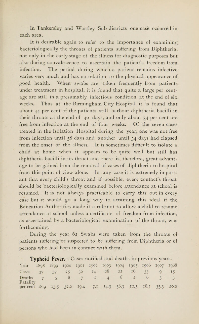 In Tankersley and Wortley Sub-districts one case occurred in each area. It is desirable again to refer to the importance of examining bacteriologically the throats of patients suffering from Diphtheria, not only in the early stage of the illness for diagnostic purposes but also during convalescence to ascertain the patient’s freedom from infection. The period during which a patient remains infective varies very much and has no relation to the physical appearance of good health. When swabs are taken frequently from patients under treatment in hospital, it is found that quite a large per cent- age are still in a presumably infectious condition at the end of six weeks. Thus at the Birmingham City Hospital it is found that about 44 per cent of the patients still harbour diphtheria bacilli in their throats at the end of 40 days, and only about 34 per cent are free from infection at the end of four weeks. Of the seven cases treated in the Isolation Hospital during the year, one was not free from infection until 58 days and another until 34 days had elapsed from the onset of the illness. It is sometimes difficult to isolate a child at home when it appears to be quite well but still has diphtheria bacilli in its throat and there is, therefore, great advant¬ age to be gained from the removal of cases of diphtheria to hospital from this point of view alone. In any case it is extremely import¬ ant that every child’s throat and if possible, every contact’s throat should be bacteriologically examined before attendance at school is resumed. It is not always practicable to carry this out in every case but it would go a long way to attaining this ideal if the Education Authorities made it a rule not to allowT a child to resume attendance at school unless a certificate of freedom from infection, as ascertained by a bacteriological examination of the throat, was forthcoming. During the year 62 Swabs were taken from the throats of patients suffering or suspected to be suffering from Diphtheria or of persons who had been in contact with them. Typhoid Fever.—Cases notified and deaths in previous years. Year 1898 1899 1900 1901 1902 1903 1904 1905 1906 1907 1908 Cases 37 37 25 36 28 22 16 33 9 15 Deaths 7 5 8 7 1 4 8 2 6 3 3 Fatality per cent 18.9 13-5 32.0 19.4 7-1 I4-3 36-3 12.5 18.2 33-3 20.0