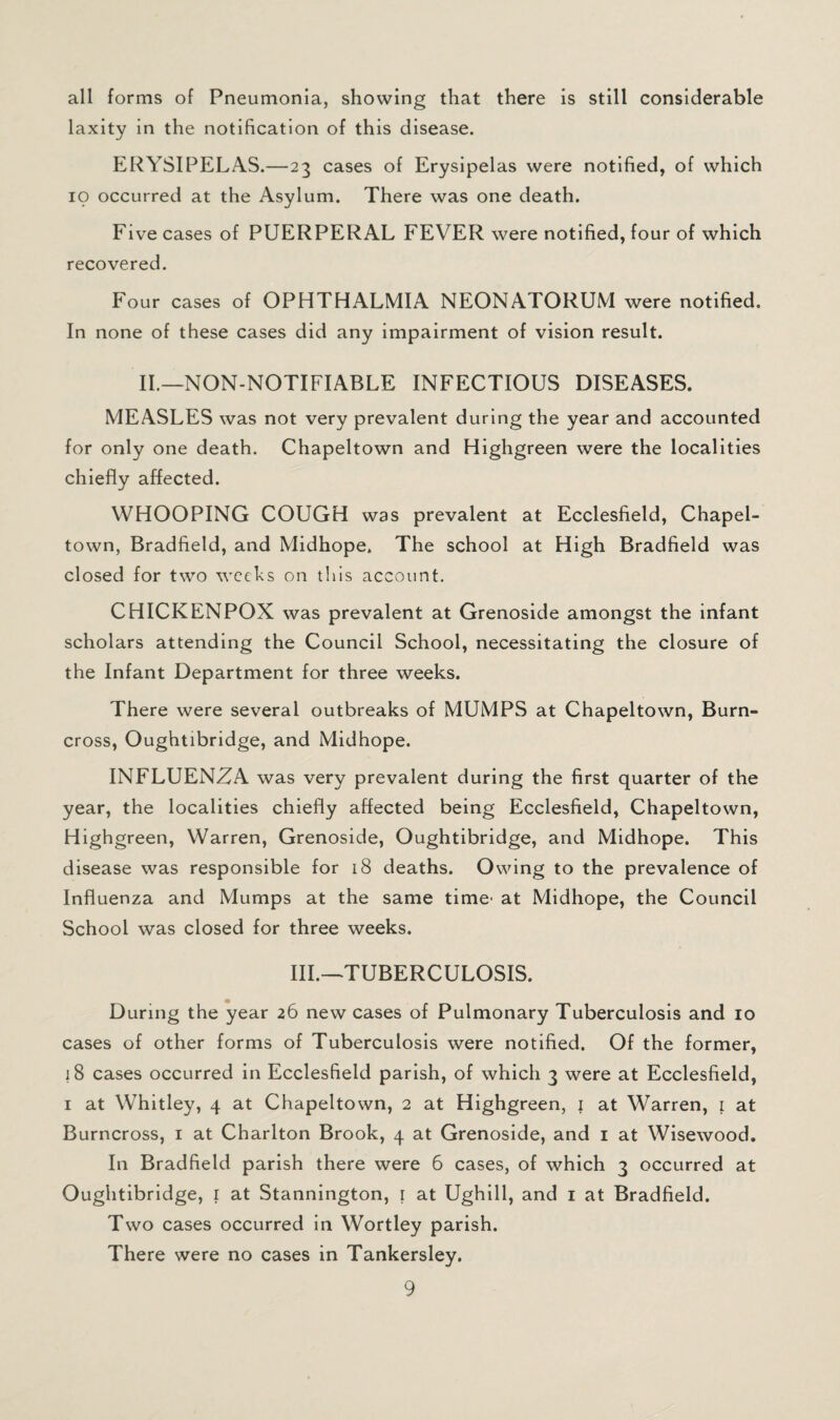 all forms of Pneumonia, showing that there is still considerable laxity in the notification of this disease. ERYSIPELAS.—23 cases of Erysipelas were notified, of which 10 occurred at the Asylum. There was one death. Five cases of PUERPERAL FEVER were notified, four of which recovered. Four cases of OPHTHALMIA NEONATORUM were notified. In none of these cases did any impairment of vision result. ii._non-notifiable infectious diseases. MEASLES was not very prevalent during the year and accounted for only one death. Chapeltown and Highgreen were the localities chiefly affected. WHOOPING COUGH was prevalent at Ecclesfield, Chapel¬ town, Bradfield, and Midhope, The school at High Bradfield was closed for two wccLs on this account. CHICKENPOX was prevalent at Grenoside amongst the infant scholars attending the Council School, necessitating the closure of the Infant Department for three weeks. There were several outbreaks of MUMPS at Chapeltown, Burn- cross, Oughtibridge, and Midhope. INFLUENZA was very prevalent during the first quarter of the year, the localities chiefly affected being Ecclesfield, Chapeltown, Highgreen, Warren, Grenoside, Oughtibridge, and Midhope. This disease was responsible for 18 deaths. Owing to the prevalence of Influenza and Mumps at the same time* at Midhope, the Council School was closed for three weeks. III.-^TUBERCULOSIS. During the year 26 new cases of Pulmonary Tuberculosis and 10 cases of other forms of Tuberculosis were notified. Of the former, 18 cases occurred in Ecclesfield parish, of which 3 were at Ecclesfield, I at Whitley, 4 at Chapeltown, 2 at Highgreen, i at Warren, i at Burncross, i at Charlton Brook, 4 at Grenoside, and i at Wisewood. In Bradfield parish there were 6 cases, of which 3 occurred at Oughtibridge, i at Stannington, i at Ughill, and i at Bradfield. Two cases occurred in Wortley parish. There were no cases in Tankersley.