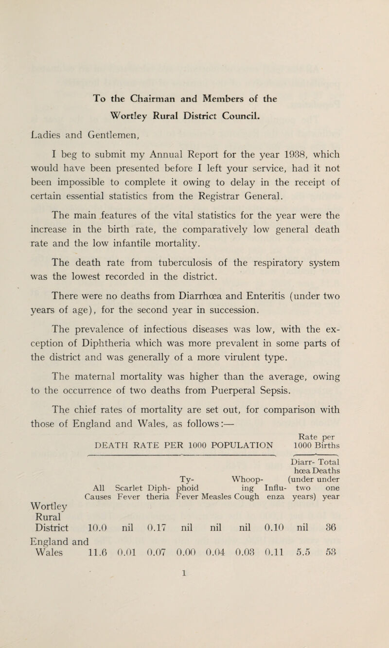 To the Chairman and Members of the Wortley Rural District Council. Ladies and Gentlemen, I beg to submit my Annual Report for the year 1938, which would have been presented before I left your service, had it not been impossible to complete it owing to delay in the receipt of certain essential statistics from the Registrar General. The main features of the vital statistics for the year were the increase in the birth rate, the comparatively low general death rate and the low infantile mortality. The death rate from tuberculosis of the respiratory system was the lowest recorded in the district. There were no deaths from Diarrhoea and Enteritis (under two years of age), for the second year in succession. The prevalence of infectious diseases was low, with the ex¬ ception of Diphtheria which was more prevalent in some parts of the district and was generally of a more virulent type. The maternal mortality was higher than the average, owing to the occurrence of two deaths from Puerperal Sepsis. The chief rates of mortality are set out, for comparison with those of England and Wales, as follows:— Rate per DEATH RATE PER 1000 POPULATION 1000 Births Diarr- Total hcea Deaths Ty- Whoop- (under under All Scarlet Diph- phoid ing Influ- two one Causes Fever theria Fever Measles Cough enza years) year Wortley Rural District 10.0 nil 0.17 nil nil nil 0.10 nil 36 England and Wales 11.6 0.01 0.07 0.00 0.04 0.03 0.11 5.5 53 l