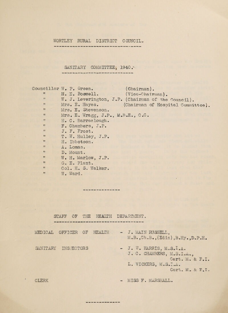 WORTLEY RURAL DISTRICT COUNCIL. SANITARY COMMITTEE, 1940 Councillor W- P. Green. (Chairman). ” H. E. Boswell. (Vice-Chairman).  W. J. Leverington, J.P. (Chairman of the Council). ft Mrs. E. Hayes. (Chairman of Hospital Committee)  Mrs. E. Stevenson. H Mrs. E. Wragg, J.P*, M.B.E., C .0.  H. C. Barraclough.  E. Ghambers, J.P.  J. E. Frost.  T. W. Huliey, J.P.  H. Ibbotson. iJ A. Lomas. ” D. Mount.  W. H. Marlow, J.P.  G. E. Plant.  Col. H. S. Walker.  W. Ward. STAFF OF THE HEALTH DEPARTMENT. MEDICAL OFFICER OF HEALTH - J. M. MAIN RUSSELL, B.,Ch.B.,(Edin),B.Hy.,D.P.H. SANITARY INSPECTORS - J. J. L. W. HARRIS, M.S.I.A. C. CHAMBERS, M.S.I.A., Cert. M. & F.I VICKERS, M.S.I.A. Cert. M. & F.I CLERK - MISS F. MARSHALL.