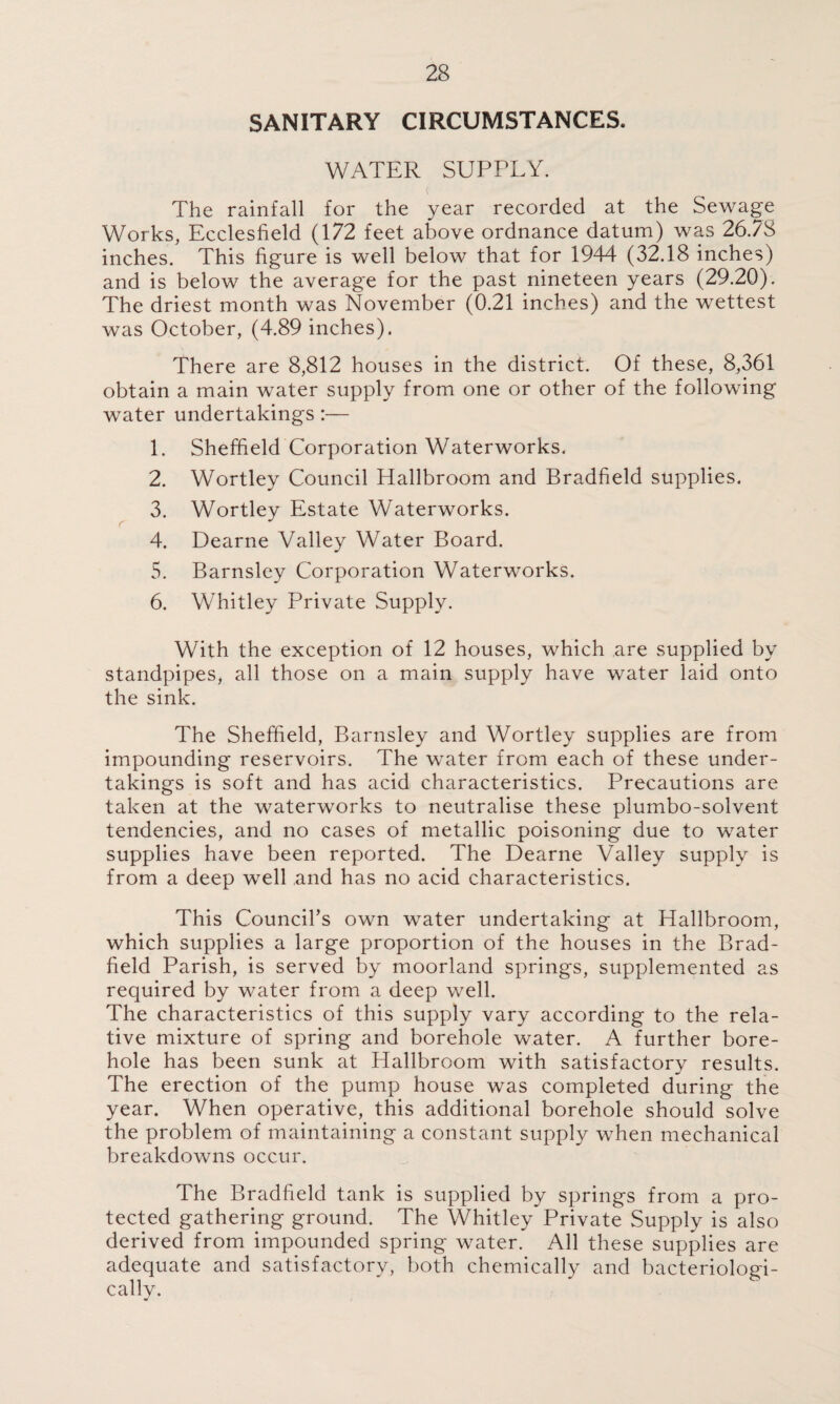 SANITARY CIRCUMSTANCES. WATER SUPPLY. The rainfall for the year recorded at the Sewage Works, Ecclesfield (172 feet above ordnance datum) was 26.78 inches. This figure is well below that for 1944 (32.18 inches) and is below the average for the past nineteen years (29.20). The driest month was November (0.21 inches) and the wettest was October, (4.89 inches). There are 8,812 houses in the district. Of these, 8,361 obtain a main water supply from one or other of the following water undertakings:— 1. Sheffield Corporation Waterworks. 2. Wortley Council Hallbroom and Bradfield supplies. 3. Wortley Estate Waterworks. 4. Dearne Valley Water Board. 5. Barnsley Corporation Waterworks. 6. Whitley Private Supply. With the exception of 12 houses, which are supplied by standpipes, all those on a main supply have water laid onto the sink. The Sheffield, Barnsley and Wortley supplies are from impounding reservoirs. The water from each of these under¬ takings is soft and has acid characteristics. Precautions are taken at the waterworks to neutralise these plumbo-solvent tendencies, and no cases of metallic poisoning due to water supplies have been reported. The Dearne Valley supply is from a deep well and has no acid characteristics. This Council’s own water undertaking at Hallbroom, which supplies a large proportion of the houses in the Brad- field Parish, is served by moorland springs, supplemented as required by water from a deep well. The characteristics of this supply vary according to the rela¬ tive mixture of spring and borehole water. A further bore¬ hole has been sunk at Hallbroom with satisfactory results. The erection of the pump house was completed during the year. When operative, this additional borehole should solve the problem of maintaining a constant supply when mechanical breakdowns occur. The Bradfield tank is supplied by springs from a pro¬ tected gathering ground. The Whitley Private Supply is also derived from impounded spring water. All these supplies are adequate and satisfactory, both chemically and bacteriologi- cally.