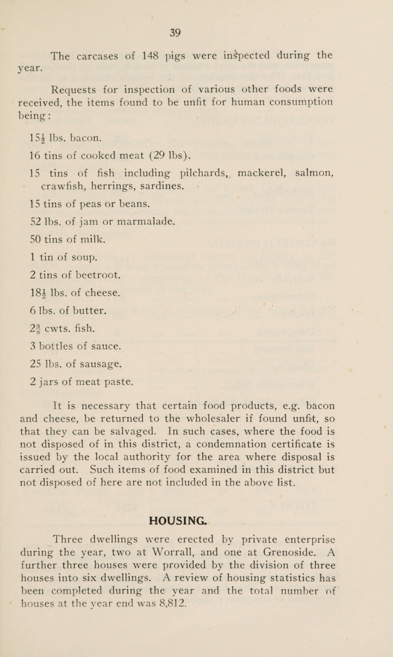 The carcases of 148 pigs were injected during the year. Requests for inspection of various other foods were received, the items found to be unfit for human consumption being: 15J lbs. bacon. 16 tins of cooked meat (29 lbs). 15 tins of fish including pilchards,^ mackerel, salmon, crawfish, herrings, sardines. 15 tins of peas or beans. 52 lbs. of jam or marmalade. 50 tins of milk. 1 tin of soup. 2 tins of beetroot. 18J lbs. of cheese. 6 lbs. of butter. 2§ cwts. fish. 3 bottles of sauce. 25 lbs. of sausage, 2 jars of meat paste. It is necessary that certain food products, e.g. bacon and cheese, be returned to the wholesaler if found unfit:, so that they can be salvaged. In such cases, where the food is not disposed of in this district, a condemnation certificate is issued by the local authority for the area where disposal is carried out. Such items of food examined in this district but not disposed of here are not included in the above list. HOUSING. Three dwellings were erected by private enterprise during the year, two at Worrall, and one at Grenoside. A further three houses were provided by the division of three houses into six dwellings. A review of housing statistics has been completed during the year and the total number of houses at the vear end was 8,812.