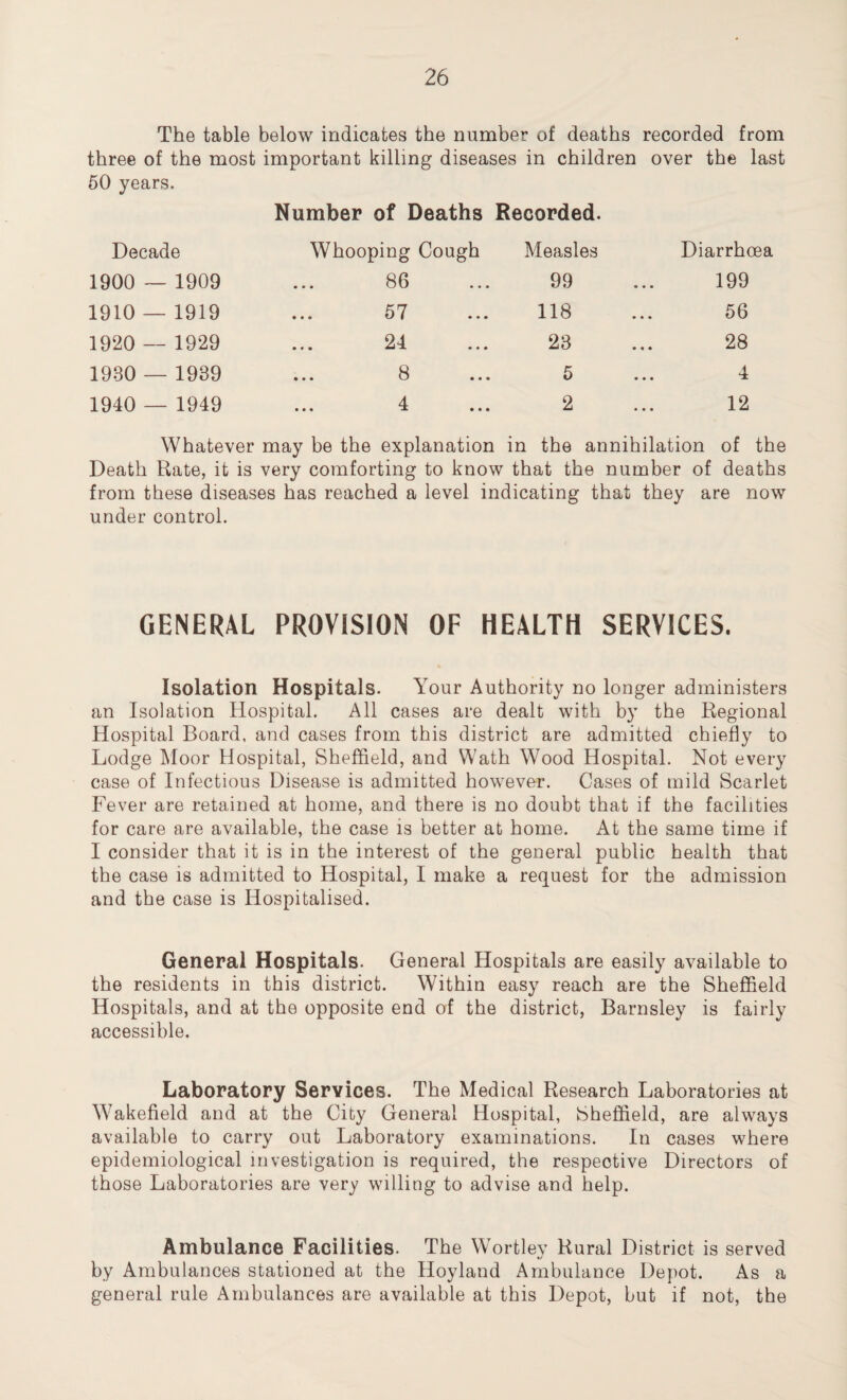 The table below indicates the number of deaths recorded from three of the most important killing diseases in children over the last 50 years. Number of Deaths Recorded. Decade Whooping Cough Measles 1900 — 1909 86 99 1910 — 1919 • «# 57 ... 118 1920 — 1929 24 23 1930 — 1939 •.. H ... 5 1940 — 1949 4 • • • j. • • • 2 Diarrhoea 199 56 28 4 12 Whatever may be the explanation in the annihilation of the Death Rate, it is very comforting to know that the number of deaths from these diseases has reached a level indicating that they are now under control. GENERAL PROVISION OF HEALTH SERVICES. Isolation Hospitals. Your Authority no longer administers an Isolation Hospital. All cases are dealt with by the Regional Hospital Board, and cases from this district are admitted chiefly to Lodge Moor Hospital, Sheffield, and Wath Wood Hospital. Not every case of Infectious Disease is admitted however. Gases of mild Scarlet Fever are retained at home, and there is no doubt that if the facilities for care are available, the case is better at home. At the same time if I consider that it is in the interest of the general public health that the case is admitted to Hospital, I make a request for the admission and the case is Hospitalised. General Hospitals. General Hospitals are easily available to the residents in this district. Within easy reach are the Sheffield Hospitals, and at the opposite end of the district, Barnsley is fairly accessible. Laboratory Services. The Medical Research Laboratories at Wakefield and at the City General Hospital, Sheffield, are always available to carry out Laboratory examinations. In cases where epidemiological investigation is required, the respective Directors of those Laboratories are very willing to advise and help. Ambulance Facilities. The Wortley Rural District is served by Ambulances stationed at the Hoyland Ambulance Depot. As a general rule Ambulances are available at this Depot, but if not, the