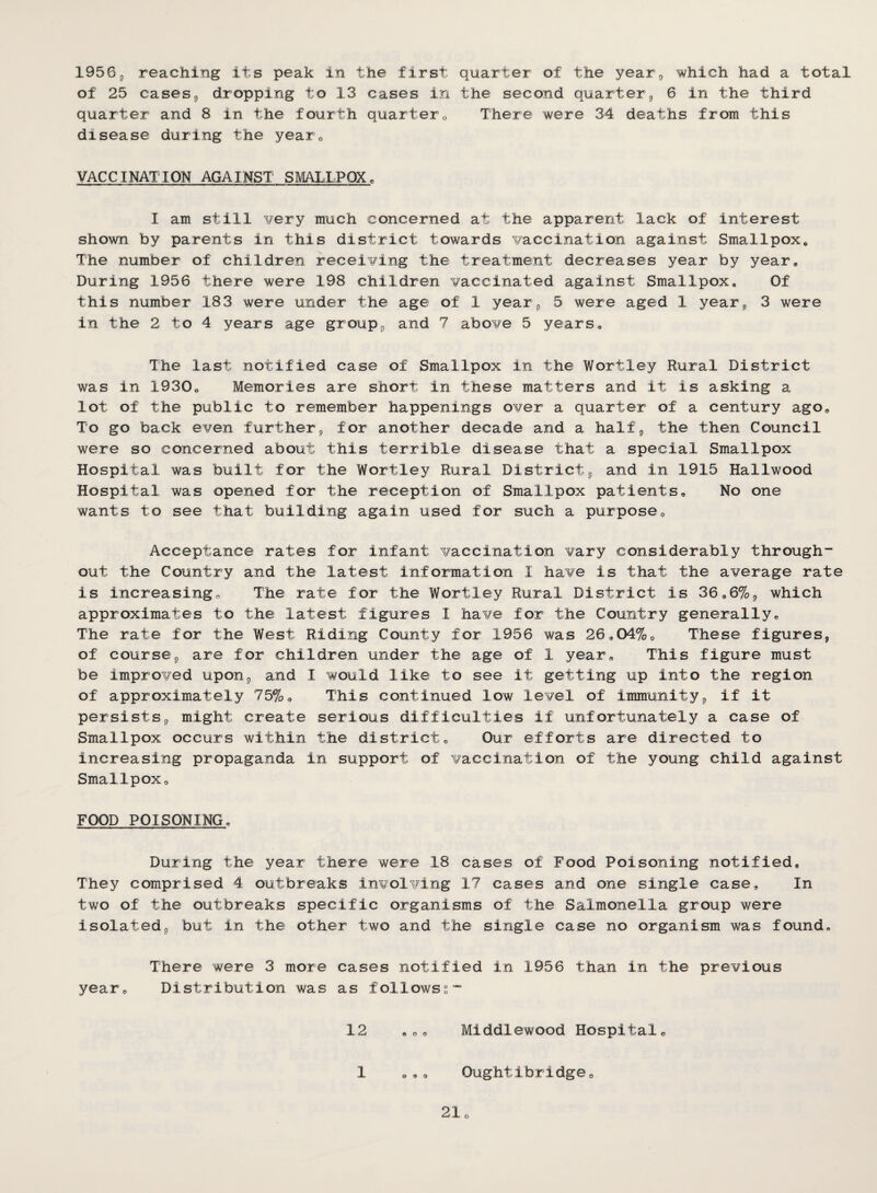 1950 5, reaching its peak in the first quarter of the year, which had a total of 25 cases, dropping to 13 cases in the second quarter, 6 in the third quarter and 8 in the fourth quartero There were 34 deaths from this disease during the year,, VACCINATION AGAINST SMALLPOX, I am still ¥ery much concerned at the apparent lack of interest shown by parents in this district towards ¥accination against Smallpox* The number of children recei¥ing the treatment decreases year by year. During 1956 there were 198 children ¥accinated against Smallpox, Of this number 183 were under the age of 1 year, 5 were aged 1 year, 3 were in the 2 to 4 years age group, and 7 abo¥e 5 years. The last notified case of Smallpox in the Wortley Rural District was in 1930, Memories are short in these matters and it is asking a lot of the public to remember happenings 0¥er a quarter of a century ago. To go back e¥en further, for another decade and a half, the then Council were so concerned about this terrible disease that a special Smallpox Hospital was built for the Wortley Rural District, and in 1915 Hailwood Hospital was opened for the reception of Smallpox patients. No one wants to see that building again used for such a purpose. Acceptance rates for infant ¥accination ¥ary considerably through¬ out the Country and the latest information I ha¥e is that the average rate is increasing. The rate for the Wortley Rural District is 36,6%, which approximates to the latest figures I ha¥e for the Country generally. The rate for the West Riding County for 1956 was 26,04%, These figures, of course, are for children under the age of 1 year. This figure must be impro¥ed upon, and I would like to see it getting up into the region of approximately 75%, This continued low le¥el of immunity, if it persists, might create serious difficulties if unfortunately a case of Smallpox occurs within the district. Our efforts are directed to increasing propaganda in support of ¥accination of the young child against Smallpox, FOOD POISONING, During the year there were 18 cases of Food Poisoning notified. They comprised 4 outbreaks in¥ol¥ing 17 cases and one single case. In two of the outbreaks specific organisms of the Salmonella group were isolated, but in the other two and the single case no organism was found. There were 3 more cases notified in 1956 than in the previous year. Distribution was as followss- 12 ,00 Middlewood Hospital, 1 e,o Oughtibridge. o