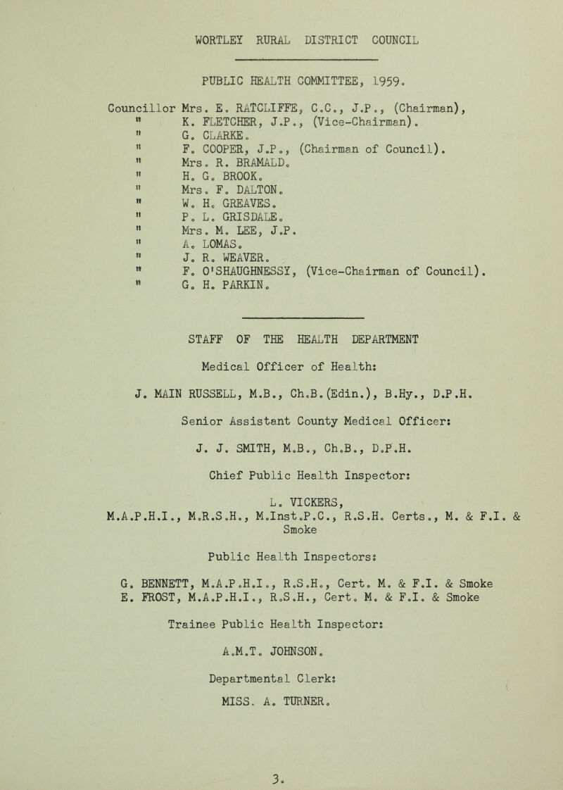 PUBLIC HEALTH COMMITTEE, 1959. Councillor Mrs. E* RATCLIFFE, CoC*, J.P0, (Chairman), 11 Kc FLETCHER, J.P., (Vice-Chairman).  G 0 CLARKE o n F0 COOPER, J«Po, (Chairman of Council). n Mrs « R. BRAMALDo M H0 G0 BROOKo » Mrs* F0 DALTONo  We Ho GREAVESo M Po Lc GRISDALEo n Mrs* M0 LEE, J0Pe M A0 LOMASo n Jo Ro WEAVERo 61 Fo 0*SHAUGHNESSI, (Vice-Chairman of Council).  Go Ho PARKINo STAFF OF THE HEALTH DEPARTMENT Medical Officer of Healths Jo MAIN RUSSELL, M.B., Ch«B.(Edin*), B.Hy., D.P.H. Senior Assistant County Medical Officer: J. Jo SMITH, MoBo, ChoBo, D.F.H. Chief Public Health Inspectors L0 VICKERS, M.A.P.H.I., MoReSoHo, MoInstoPoC., R.S.Ho Certs., M* & F.Ie & Smoke Public Health Inspectors! G0 BENNETT, M0A.PoH0Ie, R0S0H0, Cert0 M, & F.I. & Smoke E0 FROST, M.A.P.H.I., R0S J., Cert* Mc & FJ, & Smoke Trainee Public Health Inspectors A0MoTo JOHNSONo Departmental Clerks MISS. A. TURNER„