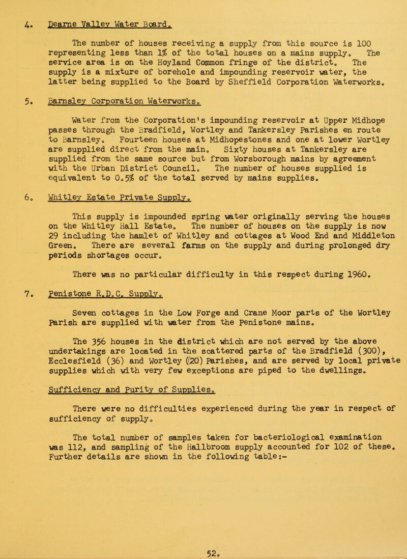 4® Deame Valley Water Boardo The number of houses receiving a supply from this source is 100 representing less than 1% of the total houses on a mains supply* The service area is on the Hoyland Common fringe of the district* The supply is a mixture of borehole and impounding reservoir water, the latter being supplied to the Board by Sheffield Corporation Waterworks* 5. Barnsley Corporation Waterworks0 Water from the Corporation’s impounding reservoir at Upper Midhope passes through the Bradfield, Wortley and Tankersley parishes en route to Barnsley* Fourteen houses at Midhopestones and one at lower Wortley are supplied direct from the main* Sixty houses at Tankersley are supplied from the same source but from Worsborough mains by agreement with the Urban District Council0 The number of houses supplied is equivalent to 0*5% of the total served by mains supplies* 6* Whitley Estate Private Supply* This supply is impounded spring water originally serving the houses on the Whitley Hall Estate* The number of houses on the supply is now 29 including the hamlet of Whitley and cottages at Wood End and Middleton Green* There are several farms on the supply and during prolonged dry periods shortages occur* There was no particular difficulty in this respect during I960* 7e Penistone RSD0C0 Supply* Seven cottages in the Low Forge and Crane Moor parts of the Wortley Parish are supplied with water from the penistone mains* The 356 houses in the district which are not served by the above undertakings are located in the scattered parts of the Bradfield (300), Ecclesfield (36) and Wortley ((20) Parishes, and are served by local private supplies which with very few exceptions are piped to the dwellings* Sufficiency and Purity of Supplies* There were no difficulties experienced during the year in respect of sufficiency of supply* The total number of samples taken for bacteriological examination was 112, and sampling of the Halibroom supply accounted for 102 of these. Further details are shown in the following tables- 52*