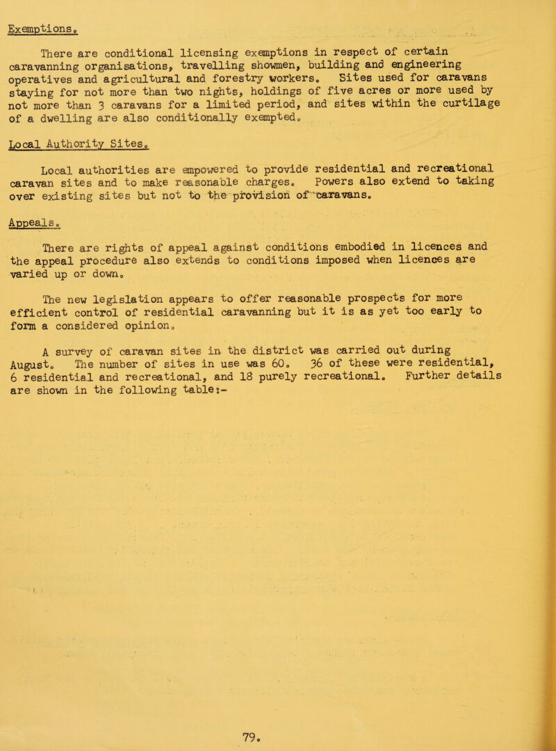 Exemptions* There are conditional licensing exemptions in respect of certain caravanning organisations* travelling showmen, building and engineering operatives and agricultural and forestry workers* Sites used for caravans staying for not more than two nights, holdings of five acres or more used by not more than 3 caravans for a limited period, and sites within the curtilage of a dwelling are also conditionally exempted* Local Authority Sites* Local authorities are empowered to provide residential and recreational caravan sites and to make reasonable charges* Powers also extend to taking over existing sites but not to the provision of “caravans* Appeals* There are rights of appeal against conditions embodied in licences and the appeal procedure also extends to conditions imposed when licences are varied up or down* The new legislation appears to offer reasonable prospects for more efficient control of residential caravanning but it is as yet too early to form a considered opinion* A survey of caravan sites in the district was carried out during August* The number of sites in use was 60* 36 of these were residential, 6 residential and recreational, and 18 purely recreational* Further details are shown in the following table?- 79®