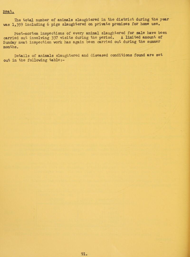 Meat* The total number of animals slaughtered in the district during the year was 1,359 including 6 pigs slaughtered on private premises for home use* Post-mortem inspections of every animal slaughtered for sale have been carried out involving 337 visits during the period* A limited amount of Sunday meat inspection work has again been carried out during the summer months* Details of animals slaughtered and diseased conditions found are set out in the following table®-
