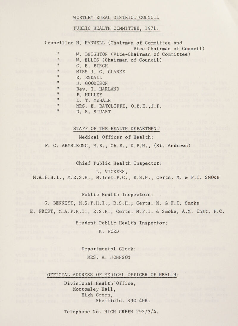 PUBLIC HEALTH COMMITTEE, 1971. Councillor H, HANWELL (Chairman of Committee and Vice-Chairman of Council)  W, BEIGHTON (Vice-Chairman of Committee)  W. ELLIS (Chairman of Council)  G 0 E. BIRCH  MISS J. C. CLARKE  R. ENDALL  J. GOODISON 11 Rev, I. HARLAND  F. HULLEY ” L. T. McHALE ” MRS . E. RATCLIFFE, O.B.E.,JaP. 11 D. Sa STUART STAFF OF THE HEALTH DEPARTMENT Medical Officer of Health: F. C. ARMSTRONG, M.B., Ch.B., D.P.H., (St. Andrews) M.A.P.H.I. Chief Public Health Inspector: L. VICKERS, M.R.S.H., M.Inst„P0C., R,S»H,, Certs. M. & F.I. SMOKE Public Health Inspectors: E . G, BENNETT, M.S.P0HoI., RoS0H,, FROST, M.A.P.H.I., R.S.H., Certs. Certs. M.F.I. M» & F.I. Smoke & Smoke, A.M. Inst. P.C. Student Public Health Inspector: K. FORD Departmental Clerk: MRS. A. JOHNSON OFFICIAL ADDRESS OF MEDICAL OFFICER OF HEALTH: Divisional Health Office, Mortomley Hall, High Green, Sheffield, S30 4HR. Telephone No, HIGH GREEN 292/3/4.