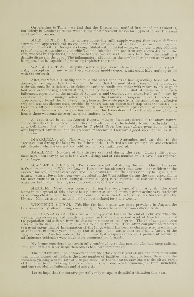 but chiefly in October (8 cases), which is the most prevelent season for Typhoid Fever, Diarrhoea and kindred diseases. MILK SUPPLY. In the 14 case-houses the milk supply was got from seven different sources, and apparently had no connection with outbreak. Milk can only cause an outbreak of Typhoid Fever either through its being diluted with infected water, or by the direct addition to it of matter containing the specific Typhoid infection, and not from any known disease in the cow, whereas in Diphtheria, in addition to these two causes there may be a third, the result of a definite disease in the cow. The inflammatory affection in the cow’s udder known as “ Garget” is supposed to be capable of producing Diphtheria in man. WATER SUPPLY. The public water supply has maintained its usual good quality (with a slight exception in June, when there was some muddy deposit), and could have nothing to do with the outbreak. After, therefore eliminating the milk and water supplies as having nothing to do with the disease, we are again face to face with the fact that the most likely cause of the prolonged outbreak, must lie in defective or deficient sanitary conditions either with regard to drainage or foul and decomposing accumulations, aided perhaps by the unusual atmospheric and earth influences, especially in the months of September and October, viz. : excessive heat followed by excessive rains. Amongst other defects in the Sanitary arrangements of the above 14 case-houses, I found the following. In 3 houses, the waste pipe from the sink had an ineffective trap and was not disconnected outside ; in 3 there was an abscence of trap under the sink ; in 2 there were filthy sink-stones inside the house ; in 2 there were foul privies and ashpits close to door ; in 1 there was a pig-stye a few feet from the house door. In 11 therefore out of the 14 houses there was some more or less gross sanitary defect. As I remarked in my last Annual Report. “ Even if sanitary defects of the above nature do not directly cause Typhoid Fever, they certainly increase the liability to such outbreaks.” It as a well-known fact that a decline in Typhoid Fever has everywhere gone hand in hand with improved sanitation, and its presence or absence is therefore a good index to the existing conditions. DIARRHCEA (o'12). This was very prevalent in September, and was due to the excessive heat during the last 3 weeks of the month. It affected old and young alike, and extended into October which was a wet and cold month ; one death resulted. SMAELPOX. No case of this disease occurred during the year. During this period there have been only 55 cases in the West Riding, and of this number only 7 have been reported since August. SCAREET FEVER (o-o). Two cases were notified during the year. One at Henshaw in October, and one in Walker’s Row in December, but although they were other children in the infected houses, no other cases occurred. No deaths resulted the cases evidently being of a mild nature. Scarlet Fever has been very prevalent in the West Riding during the year, especially in the later months of it there being as many as 55S4 cases reported, so that we may consider ourselves fortunate in having no serious outbreak of the disease. MEASLES. Many cases occurred during the year, especially in August. The chief factor in the spread of this disease being contact at school, many parents acting very carelessly in allowing children who had suffered from the disease, to return to school far too soon after the illness. Most cases of measles should be kept isolated for 3 to 4 weeks. WHOOPING COUGH. This like the last disease was most prevalent in August, the two diseases very often running coinbidently. No deaths resulted from either disease. INFLUENZA (1-28). This disease first appeared towards the end of February when the weather was so severe, and rapidly increased, so that by the second week of March fully half of the population had suffered from the disease in a more or less degree. The chief symptoms were referred to the head in combination with Bronchitic troubles. This latter complication replaced to a great extent that of Inflammation of the lungs which has been so characteristic in epidemics of Influenza, in former years, notably that of 1893. This was a most remarkable feature of the 1895 outbreak. Another noteworthy point was that relapses (although a prominent feature of all Influenza epidemic) were much more common than formerly. My former experience was again fully confirmed, viz : that persons who had once suffered from Influenza are more liable than others to subsequent attacks. The most important point however about the attack of this year (1895), and more noticeable than in any former outbreaks is the large number of fatalities, their being no fewer than 10 deaths recorded, yielding a death-rate of 1-28 per 1000. Of the 10 deaths, only one was the direct result of Influenza the others being due to complications, viz : one from Pneumonia, five from Bronchitis, and one recorded as Influenza and Meningitis. Let us hope that the country generally may escape so dreadful a visitation this year.