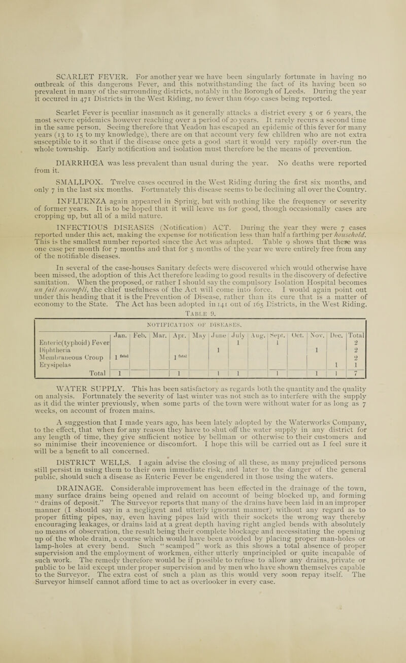 SCARLET FEVER. For another year we have been singularly fortunate in having no outbreak of this dangerous Fever, and this notwithstanding the fact of its having been so prevalent in many of the surrounding districts, notably in the Borough of Leeds. During the year it oeeured in 471 Districts in the West Riding, no fewer than 6690 cases being reported. Scarlet Fever is peculiar inasmuch as it generally attacks a district every 5 or 6 years, the most severe epidemics however reaching over a period of 20 years. It rarely recurs a second time in the same person. Seeing therefore that Yeadon has escaped an epidemic of this fever for many years (13 to 15 to my knowledge), there are on that account very few children who are not extra susceptible to it so that if the disease once gets a good start it would very rapidly over-run the whole township. Early notification and isolation must therefore be the means of prevention. DIARRHCEA was less prevalent than usual during the year. No deaths were reported from it. SMALLPOX. Twelve cases oeeured in the West Riding during the first six months, and only 7 in the last six months. Fortunately this disease seems to be declining all over the Country. INFLUENZA again appeared in Spring, but with nothing like the frequency or severity of former years. It is to be hoped that it will leave us for good, though occasionally cases are cropping up, but all of a mild nature. INFECTIOUS DISEASES (Notification) ACT. During the year they were 7 cases reported under this act, making the expense for notification less than half a farthing per household. This is the smallest number reported since the Act was adapted. Table 9 shows that there was one case per month for 7 months and that for 5 months of the year we were entirely free from any of the notifiable diseases. In several of the case-houses Sanitary defects were discovered which would otherwise have been missed, the adoption of this Act therefore leading to good results in the discovery of defective sanitation. When the proposed, or rather I should say the compulsory Isolation Hospital becomes un fait accompli, the chief usefulness of the Act will come into force. I would again point out under this heading that it is the Prevention of Disease, rather than its cure that is a matter of economy to the State. The Act has been adopted in 141 out of 165 Districts, in the West Riding. Table 9. NOTIFICATION OF DISEA SES. Jan. Feb. Mar. Apr. May J une July Aug. Sept. Oct. Nov. Dec. Total E n t er i c( ty phoid) Fe v er 1 i 2 Diphtheria 1 1 2 Membraneous Croup 2 fatal 2 fatal 2 Erysipelas 1 1 Total 1 1 1 1 1 1 1 7 WATER SUPPLY. This has been satisfactory as regards both the quantity and the quality on analysis. Fortunately the severity of last winter was not such as to interfere with the supply as it did the winter previously, when some parts of the town were without water for as long as 7 weeks, on account of frozen mains. A suggestion that I made years ago, has been lately adopted by the Waterworks Company, to the effect, that when for any reason they have to shut off the water supply in any district for any length of time, they give sufficient notice by bellman or otherwise to their customers and so minimise their incovenience or discomfort. I hope this will be carried out as I feel sure it will be a benefit to all concerned. • DISTRICT WELLS. I again advise the closing of all these, as many prejudiced persons still persist in using them to their own immediate risk, and later to the danger of the general public, should such a disease as Enteric Fever be engendered in those using the waters. DRAINAGE. Considerable improvement has been effected in the drainage of the town, many surface drains being opened and relaid on account of being blocked up, and forming “ drains of deposit.” The Surveyor reports that many of the drains have been laid in an improper manner (I should say in a negligent and utterly ignorant manner) without any regard as to proper fitting pipes, nay, even having pipes laid with their sockets the wrong way thereby encouraging leakages, or drains laid at a great depth having right angled bends with absolutely no means of observation, the result being their complete blockage and necessitating the opening up of the whole drain, a course which would have been avoided by placing proper man-holes or lamp-holes at every bend. Such “ scamped ” work as this shows a total absence of proper supervision and the employment of workmen, either utterly unprincipled or quite incapable of such work. The remedy therefore would be if possible to refuse to allow any drains, private or public to be laid except under proper supervision and by men who have shown themselves capable to the Surveyor. The extra cost of such a plan as this would very soon repay itself. The Surveyor himself cannot afford time to act as overlooker in eversr case.