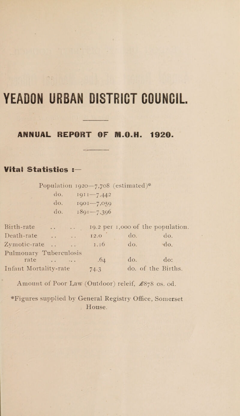 YEADON URBAN DISTRICT GOUNGIL ANNUAL REPORT OF M.O.H. 1920. VitaS Statistics s— Population 1920—7,708 (estimated)* do. 1911—7.442 do. 1901—7,059 do. 1891—7,396 Birth-rate 19.2 per 1,000 of the population Death-rate 12.0 do. do. Zvmotic-rate 1.16 do. do. Pulmonary Tuberculosis rate .64 do. do: Infant Mortality-rate 74-3 do. of the Births. Amount of Poor Paw (Outdoor) releif, ^878 os. od. ^Figures supplied by General Registry Office, Somerset House.