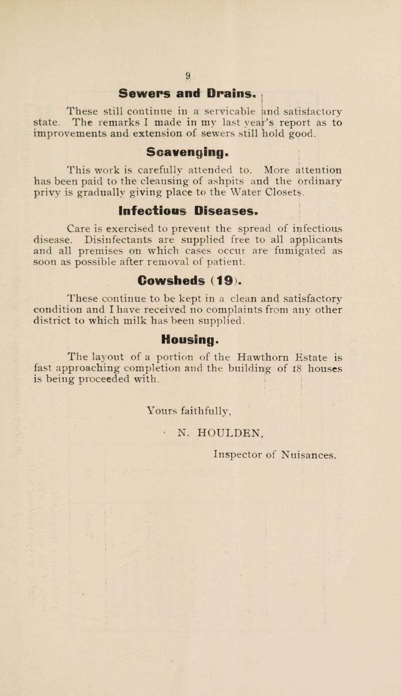 Sewers and Drains. These still continue in a servicable knd satisfactory state. The remarks I made in my last year’s report as to improvements and extension of sewers still hold good. Scavenging. i This work is carefully attended to. More attention has been paid to the cleansing of ashpits and the ordinary privy is gradually giving place to the Water Closets. Infectious Diseases. Care is exercised to prevent the spread of infectious disease. Disinfectants are supplied free to all applicants and all premises on which cases occur are fumigated as soon as possible after removal of patient. Cowsheds (19). These continue to be kept in a clean and satisfactory condition and I have received no complaints from any other district to which milk has been supplied. Housing. The layout of a portion of the Hawthorn Estate is fast approaching completion and the building of 18 houses is being proceeded with. I i n i Yours faithfully, ' N. HOULDEN, Inspector of Nuisances.
