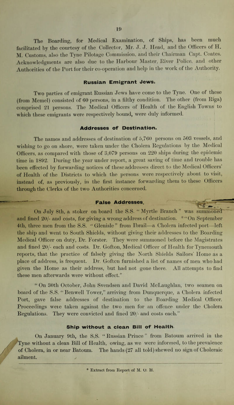 10 The Boarding, for Medical Examination, of Ships, has been much facilitated by the courtesy of the Collector, Mr. J. J. Head, and the Officers of H. M. Customs, also the Tyne Pilotage Commission, and their Chairman Capt. Coates. Acknowledgments are also due to the Harbour Master, River Police, and other Authorities of the Port for their co-operation and help in the work of the Authority. Russian Emigrant Jews. Two parties of emigrant Russian Jews have come to the Tyne. One of these (from Memel) consisted of (50 persons, in a filthy condition. The other (from Riga) comprised 21 persons. The Medical Officers of Health of the English 1 owns to which these emigrants were respectively bound, were duly informed. Addresses of Destination. The names and addresses of destination of 5,760 persons on 503 vessels, and wishing to go on shore, were taken under the Cholera Regulations by the Medical Officers, as compared with those of 3,079 persons on 220 ships during the epidemic time in 1892. During the year under report, a great saving of time and trouble has been effected by forwarding notices of these addresses direct to the Medical Officers’ of Health of the Districts to which the persons were respectively about to visit, instead of, as previously, in the first instance forwarding them to these Officers through the Clerks of the two Authorities concerned. False Addresses. On July 8th, a stoker on board the S.S. “ Myrtle Branch ” was summoned and fined 20/- and costs, for giving a wrong address of destination. #<iOn September 4th, three men from the S.S. Glenisle ” from Ibrail—a Cholera infected port—left the ship and went to South Shields, without giving their addresses to the Boarding Medical Officer on duty, Dr. Forster. They were summoned before the Magistrates and fined 20/- each and costs. Dr. Gofton, Medical Officer of Health for Tynemouth reports, that the practice of falsely giving the North Shields Sailors’ Plome as a place of address, is frequent. Dr. Goftcn furnished a list of names of men who had given the Home as their address, but had not gone there. All attempts to find these men afterwards were without effect.” “ On 30th October, John Svendsen and David McLaughlan, two seamen on board of the S.S. “Benwell Tower,” arriving from Dunquerque, a Cholera infected Port, gave false addresses of destination to the Boarding Medical Officer. Proceedings weie taken against the two men for an offence under the Cholera Regulations. They were convicted and fined 20/-and costs each.” Ship without a clean Bill of Health. On January 9th, the S.S. “ Russian Prince ” from Batoum arrived in the Tyne without a clean Bill of Health, owing, as we were informed, to the prevalence of Cholera, in or near Batoum. The hands (27 all told) shewed no sign of Choleraic ailment. ✓