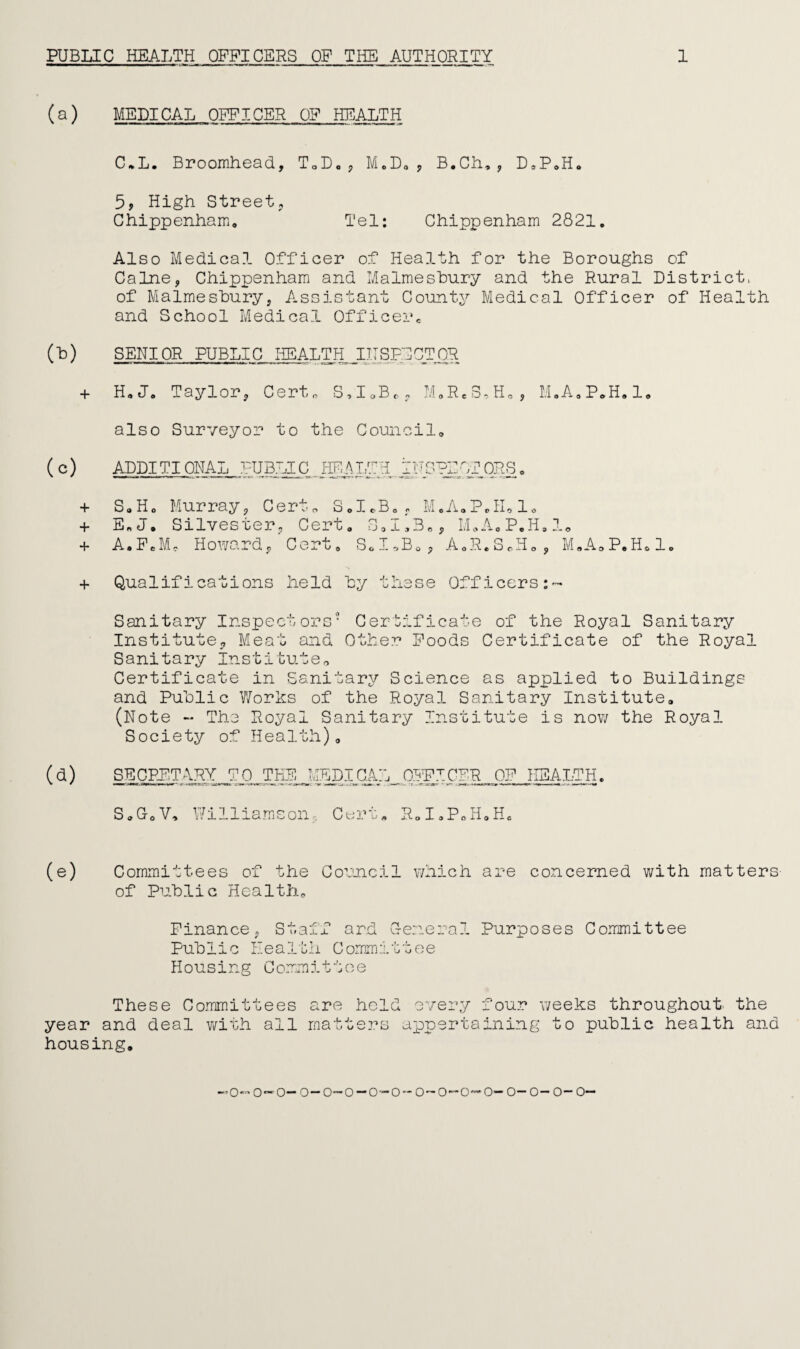 (a) MEDICAL OFFICER OF HEALTH C*L. Broomhead, ToD0, M.D. , B.Ch,, D9P,H, 5, High Street, Chippenham, Tel: Chippenham 2821 Also Medical Officer of Health for the Boroughs of Caine, Chippenham and Malmesbury and the Rural District, of Malmesbury, Assistant County Medical Officer of Health and School Medical Officer, (13) SENIOR PUBLIC HEALTH INSPECTOR + H„J, Taylor, Cert* S,I0BC, M, R e S, H,, M.A.P.H. 1. also Surveyor to the Council, ( c) ADDITIONAL PUBLIC _ HFAIiTH_ jZNSPlYYORS. + SaHo Murray, Cert* S,LB, , M.A.P.H.l. + E„ J. Silvester, Cert, S,I,3e, M.A.P.H.l* + A.FeM, Howard, Cert, S„I*B0, A0R.SPH0, M.AoP.H.l, + Qualifications held by these Officers:- Sanitary Inspectors'- Certificate of the Royal Sanitary Institute, Meat and Other Foods Certificate of the Royal Sanitary Institute, Certificate in Sanitary Science as applied to Buildings and Public Works of the Royal Sanitary Institute, (Note ~ The Royal Sanitary Institute is now the Royal Society of Health), (d) SECRETARY TO THE MEDICAL OFFICER OF HEALTH, S,G0V, Williamson, Cert* RoI,P*H0He (e) Committees of the Council which are concerned with matters of Public Health, Finance, Staff ard General Purposes Committee Public Health Committee Housing Committee These Committees are held every four weeks throughout the year and deal with all matters appertaining to public health and housing. —o-o—o—o-o-o—o-o-o-o-o—o-o-o-o-o—