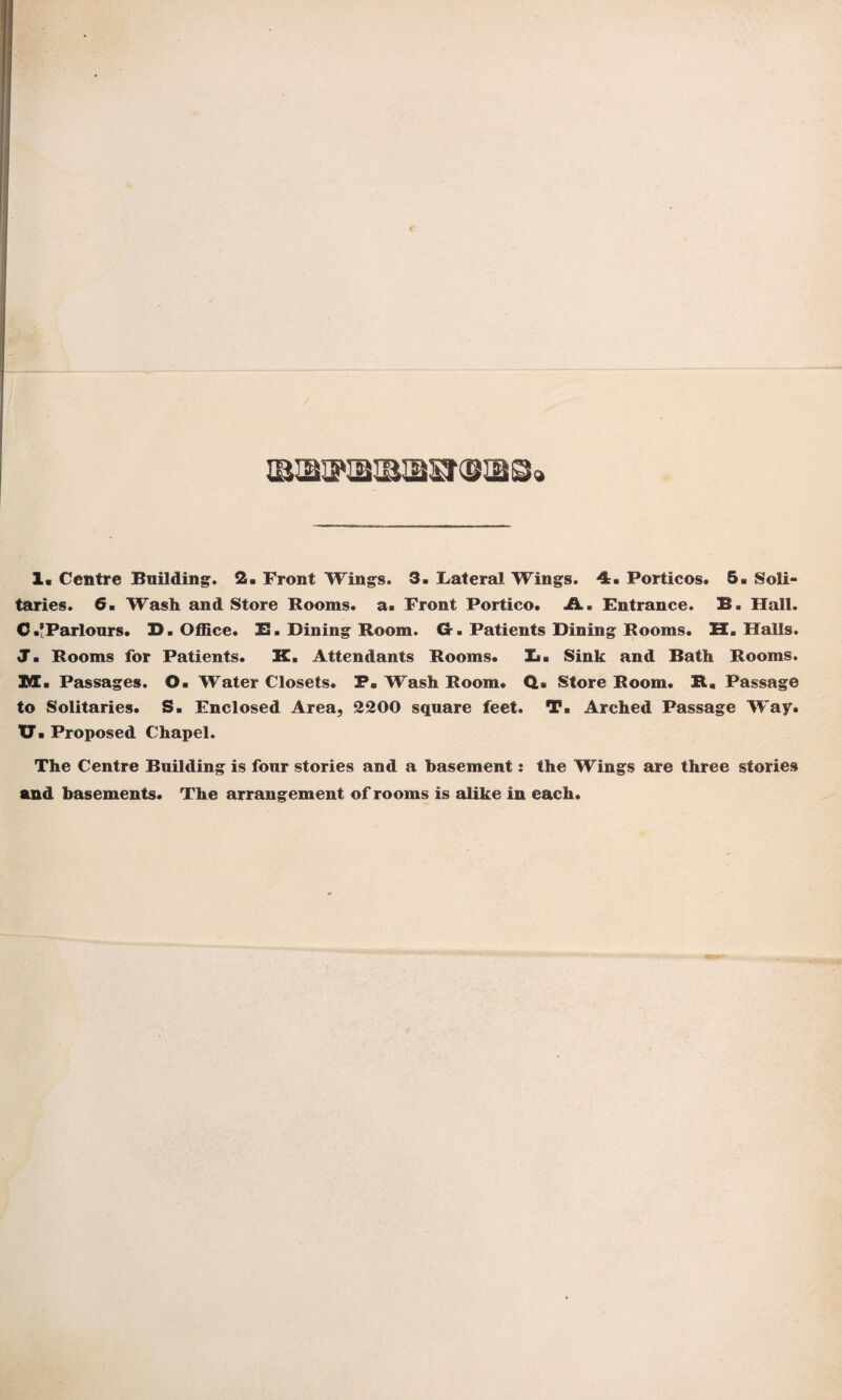 1* Centre Building. 2« Front Wings. 3. Lateral Wings. ■&. Porticos. 5. Soli¬ taries. 6. Wash and Store Rooms, a. Front Portico. A. Entrance. B« Hall. C.’Parlours. D. Office. 23. Dining Room. Or. Patients Dining Rooms. H. Halls. J. Rooms for Patients. K. Attendants Rooms. Sink and Bath Rooms. 3YI. Passages. 0> Water Closets. F. Wash Room. Q» Store Room. 22., Passage to Solitaries. S, Enclosed Area, 2200 square feet. T. Arched Passage Way. XT. Proposed Chapel. The Centre Building is four stories and a basement: the Wings are three stories and basements. The arrangement of rooms is alike in each.