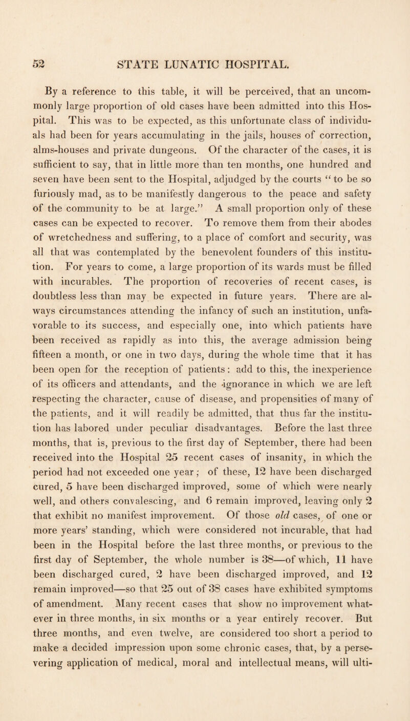 By a reference to this table, it will be perceived, that an uncom¬ monly large proportion of old cases have been admitted into this Hos¬ pital. This was to be expected, as this unfortunate class of individu¬ als had been for years accumulating in the jails, houses of correction, alms-houses and private dungeons. Of the character of the cases, it is sufficient to say, that in little more than ten months, one hundred and seven have been sent to the Hospital, adjudged by the courts “ to be so furiously mad, as to be manifestly dangerous to the peace and safety of the community to be at large.” A small proportion only of these cases can be expected to recover. To remove them from their abodes of wretchedness and suffering, to a place of comfort and security, was all that was contemplated by the benevolent founders of this institu¬ tion. For years to come, a large proportion of its wards must be filled with incurables. The proportion of recoveries of recent cases, is doubtless less than may be expected in future years. There are al¬ ways circumstances attending the infancy of such an institution, unfa¬ vorable to its success, and especially one, into which patients have been received as rapidly as into this, the average admission being fifteen a month, or one in two days, during the whole time that it has been open for the reception of patients: add to this, the inexperience of its officers and attendants, and the -ignorance in which we are left respecting the character, cause of disease, and propensities of many of the patients, and it will readily be admitted, that thus far the institu¬ tion has labored under peculiar disadvantages. Before the last three months, that is, previous to the first day of September, there had been received into the Hospital 25 recent cases of insanity, in which the period had not exceeded one year,' of these, 12 have been discharged cured, 5 have been discharged improved, some of which were nearly well, and others convalescing, and 6 remain improved, leaving only 2 that exhibit no manifest improvement. Of those old cases, of one or more years’ standing, which were considered not incurable, that had been in the Hospital before the last three months, or previous to the first day of September, the whole number is 38—of which, 11 have been discharged cured, 2 have been discharged improved, and 12 remain improved—so that 25 out of 38 cases have exhibited symptoms of amendment. Many recent cases that show no improvement what¬ ever in three months, in six months or a year entirely recover. But three months, and even twelve, are considered too short a period to make a decided impression upon some chronic cases, that, by a perse¬ vering application of medical, moral and intellectual means, will ulti-