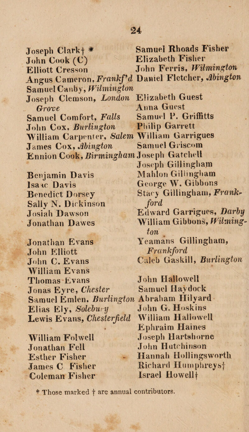Joseph Cl ark | * Samuel Rhoads Fisher John Cook (C) Elizabeth Fisher Elliott Cresson John Ferris, Wilmington Angus Cameron, Frankj’d Daniel Fletcher, Mington Samuel Canby, Wilmington Joseph Clemson, London Elizabeth Guest Grove Anna Guest Samuel Comfort, Falls Samuel lJ. Griffitts John Cox, Burlington Philip Garrett William Carpenter, Salem William Garrigues James Cox, Mington Samuel Griscom Ennion Cook, Birmingham Joseph Gatchell Joseph Gillingham Benjamin Davis Isaac Davis Benedict Dorsey Saliv N. Dickinson Josiah D awson Jonathan Dawes Jonathan Evans John Elliott John C. Evans William Evans Thomas Evans Jonas Eyre, Chester M ah Ion Gillingham George W. Gibbons Stacy Gillingham, Franks ford Edward Garrigues, Darby William Gibbons, Wilming¬ ton Yeamans Gillingham, Frankford Caleb Gaskill, Burlington John Hallo well Samuel Havdock Samuel Emlen. Burlington Abraham Hilyard Elias Ely, Soleburij John G, Hoskins Lewis Evans, Chesterfield William Hallowell Ephraim Haines William Folwell Joseph Hartshorne Jonathan Fell John Hutchinson Esther Fisher - Hannah Hollingsworth James C Fisher Richard Humphreys! Coleman Fisher Israel Howell f * Those marked f are annual contributors.