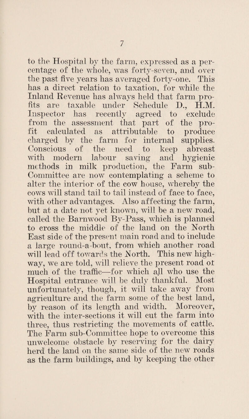 to the Hospital by the farm, expressed as a per¬ centage of the whole, was forty-seven, and over the past five years has averaged forty-one. This has a direct relation to taxation, for while the Inland Revenue has always held that farm pro¬ fits are taxable under Schedule D., H.M. Inspector has recently agreed to exclude from the assessment that part of the pro¬ fit calculated as attributable to produce charged by the farm for internal supplies. Conscious of the need to keep abreast with modern labour saving and hygienic methods in milk production, the Farm sub¬ committee are now contemplating a scheme to alter the interior of the cow house, whereby the cowrs will stand tail to tail instead of face to face, with other advantages. Also affecting the farm, but at a date not yet known, will be a new road, called the Barnwood By-Pass, wdiich is planned to cross the middle of the land on the North East side of the present main road and to include a large round-a-bout, from which another road will lead off towards the North. This new high¬ way, we are told, will relieve the present road of much of the traffic—for which all who use the Hospital entrance will be duly thankful. Most unfortunately, though, it will take awTay from agriculture and the farm some of the best land, by reason of its length and wTidth. Moreover, with the inter-sections it will cut the farm into three, thus restricting the movements of cattle. The Farm sub-Committee hope to overcome this unwelcome obstacle by reserving for the dairy herd the land on the same side of the new roads as the farm buildings, and by keeping the other